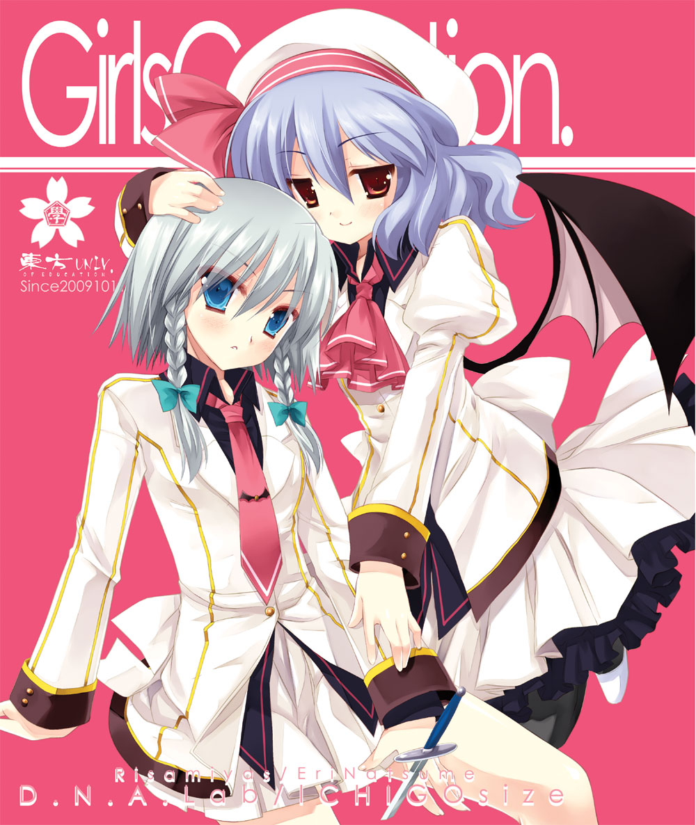 miyasu risa, izayoi sakuya, remilia scarlet, touhou, silver hair, 2girls, alternate costume, bat wings, beret, blue eyes, braid, female focus, hat, knife, multiple girls, necktie, purple hair, red eyes, school uniform, short hair, throwing knife, twin braids, weapon, wings