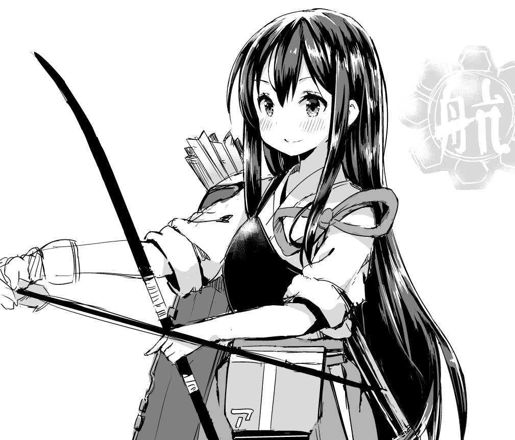 yazawa oke, akagi (kancolle), kantai collection, commentary request, 1girl, arrow (projectile), blush, bow (weapon), closed mouth, gloves, greyscale, hair between eyes, hakama, hakama skirt, holding, holding arrow, holding bow (weapon), holding weapon, japanese clothes, long hair, monochrome, muneate, partially fingerless gloves, partly fingerless gloves, quiver, rigging, sidelocks, simple background, single glove, sketch, skirt, weapon, yugake