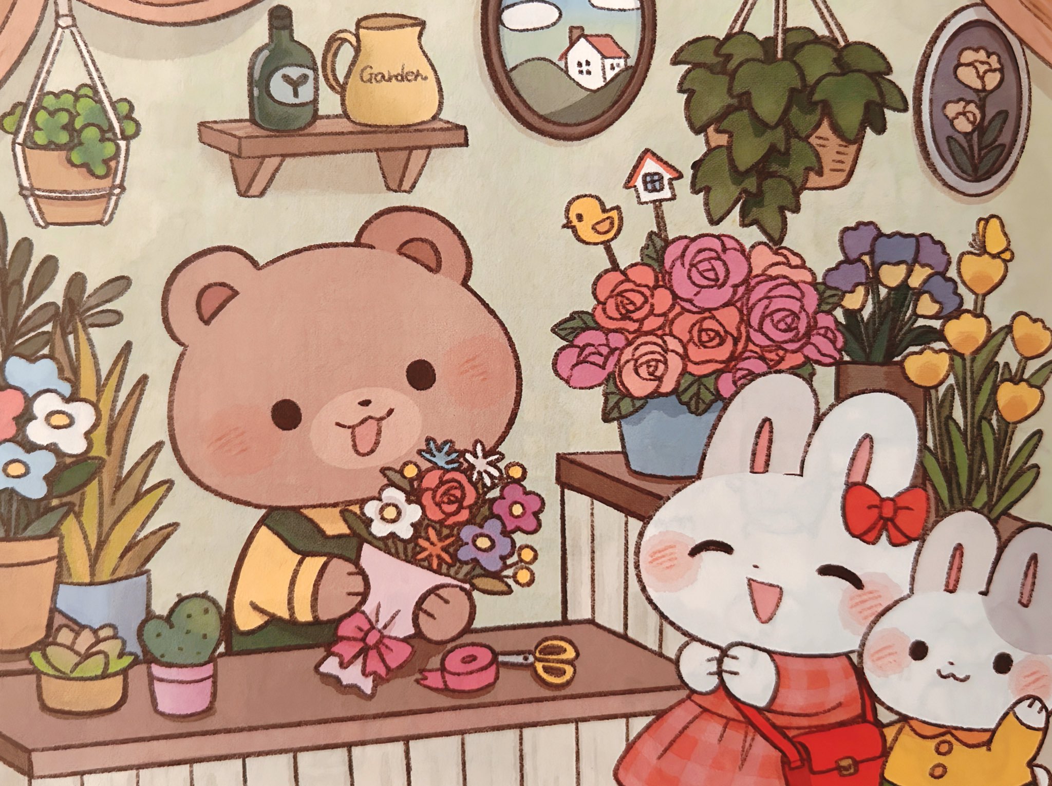 ayu (mog), original, commentary request, highres, :3, :d, ^ ^, animal, animal focus, bag, bear, bottle, bouquet, bow, cactus, closed eyes, closed mouth, dress, flower, holding, holding bouquet, long sleeves, no humans, open mouth, pink flower, pink rose, plant, potted plant, rabbit, red bow, red dress, rose, scissors, shelf, shirt, smile, solid circle eyes, tape, tulip, yellow flower, yellow shirt, yellow tulip