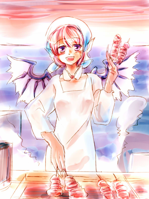 turupiko, mystia lorelei, okamisty, touhou, 1girl, animal ears, apron, female focus, fingernails, food, grill, headscarf, long fingernails, nail (hardware), purple eyes, red hair, short hair, skewer, solo, white headscarf, wings