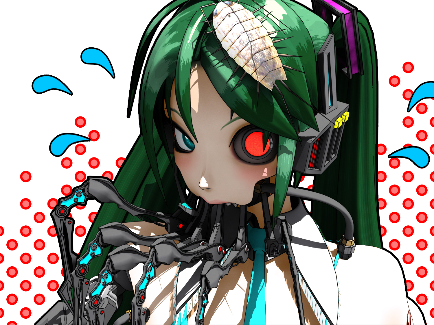 deino (deino3330), calne ca (deino), hatsune miku, nato-kun, ca (deino), original, vocaloid, mechanical, 1girl, 3d, android, blush, cosplay, creepy, crustacean, cyborg, embarrassed, female focus, glowing, glowing eyes, green hair, hatsune miku (cosplay), headset, heterochromia, horror (theme), isopod, solo