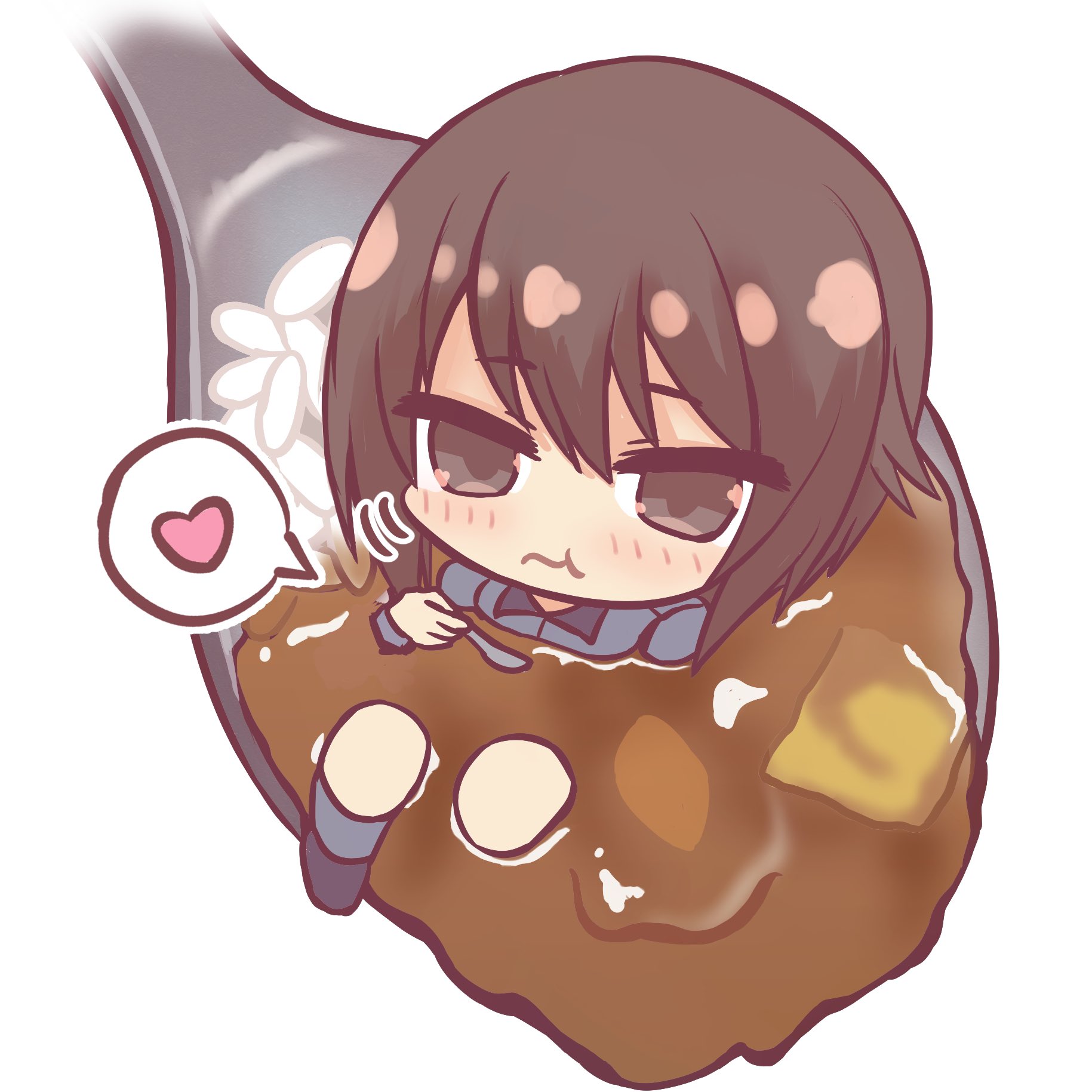 makyabetsu, nishizumi maho, girls und panzer, commentary request, highres, 1girl, black shoes, blush, breasts, brown hair, chibi, chibi only, curry, curry rice, eating, food, grey shirt, grey socks, heart, holding, holding spoon, kuromorimine school uniform, long sleeves, looking at viewer, medium breasts, rice, school uniform, shirt, shoes, short hair, simple background, smile, socks, solo, spoon, white background