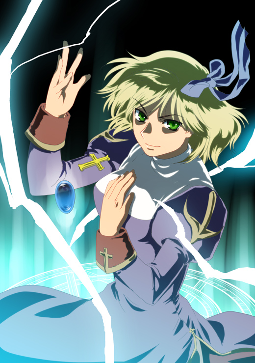 ten (artist), ten (kisako), priest (ragnarok online), ragnarok online, blonde hair, green eyes, magic, priest, priestess, ribbon, short hair, solo