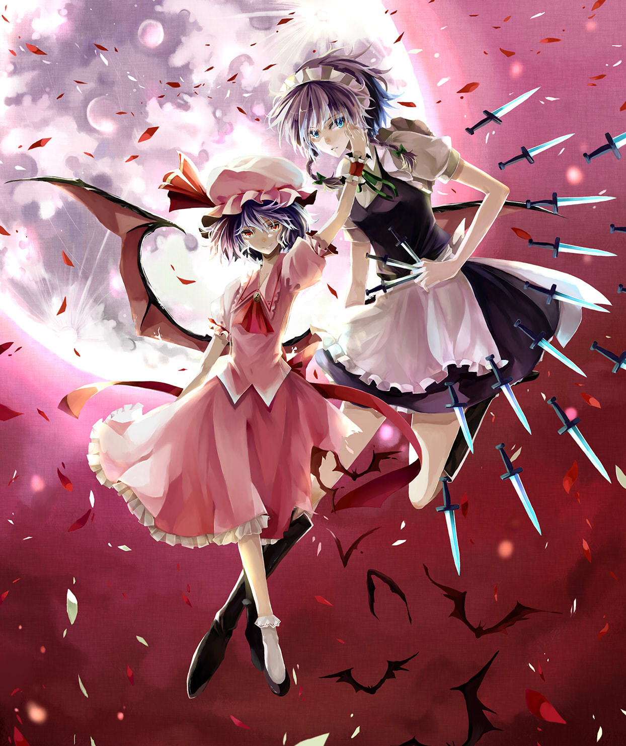 nako, nako (nonrain), izayoi sakuya, remilia scarlet, imperishable night, touhou, silver hair, highres, 2girls, bat (animal), bat wings, blue eyes, bobby socks, boots, danmaku, dress, female focus, flying, full moon, hairband, hand on another's cheek, hand on another's face, hat, knee boots, knife, maid, moon, multiple girls, petals, pink dress, purple hair, red eyes, short hair, socks, throwing knife, weapon, wings, wrist cuffs