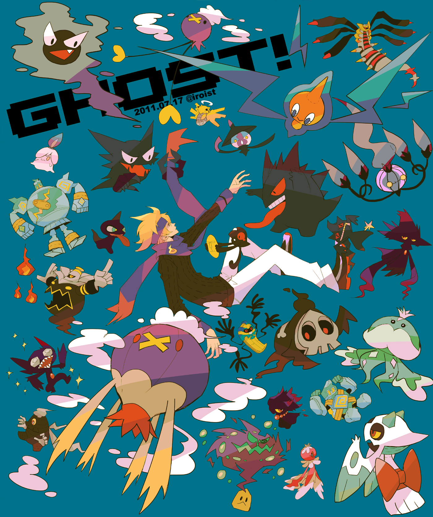 iroiro (hairoo), banette, chandelure, cofagrigus, drifblim, drifloon, dusclops, dusknoir, duskull, frillish, frillish (female), froslass, gastly, gengar, giratina, giratina (origin), golett, golurk, haunter, jellicent, jellicent (male), lampent, litwick, misdreavus, mismagius, morty (pokemon), rotom, rotom (normal), sableye, shedinja, shuppet, spiritomb, yamask, nintendo, pokemon, pokemon hgss, commentary request, highres, 1boy, :>, black shoes, black sweater, blonde hair, blue background, blue eyes, blue fire, closed mouth, dated, english text, fang, fire, gen 1 pokemon, gen 2 pokemon, gen 3 pokemon, gen 4 pokemon, gen 5 pokemon, headband, holding, holding mask, index finger raised, legendary pokemon, long sleeves, long tongue, mask, one-eyed, open mouth, outstretched arm, pants, pokemon (creature), purple fire, purple headband, purple scarf, rayman limbs, reaching, red eyes, scarf, shoes, short hair, simple background, smile, solid oval eyes, sparkle, sweater, teeth, tongue, tongue out, triangle mouth, twitter username, upper teeth only, v-shaped eyes, white pants, will-o'-the-wisp (mythology)