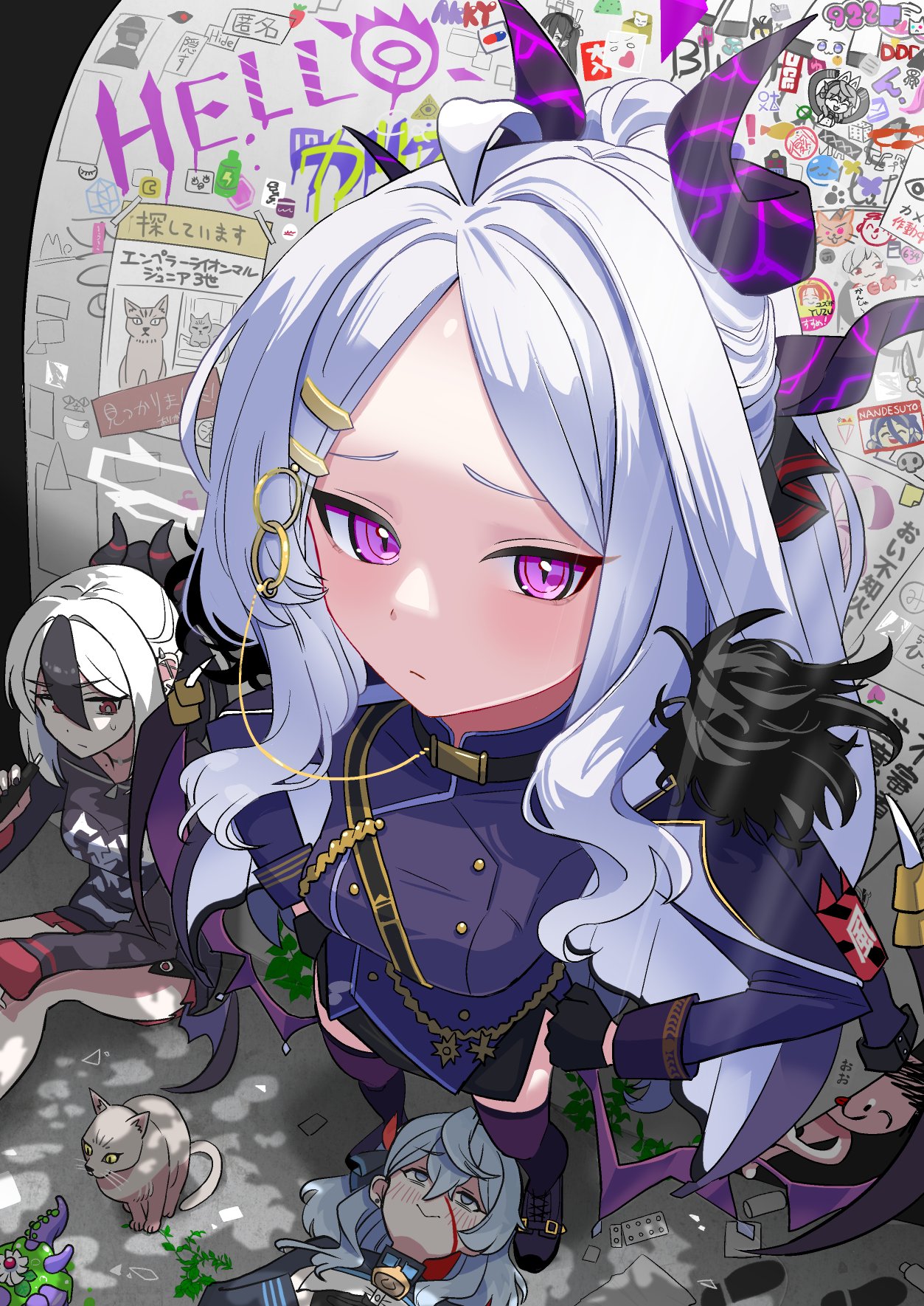 risu-kun, ako (blue archive), aris (blue archive), doodle sensei (blue archive), hina (blue archive), kaya (blue archive), kayoko (blue archive), mutsuki (blue archive), sensei (blue archive), yuzu (blue archive), blue archive, commentary request, highres, 6+girls, ahoge, black coat, black hair, black skirt, blood, blue eyes, blue hair, coat, coat on shoulders, demon girl, demon horns, demon wings, halo, horns, long hair, low wings, multicolored hair, multiple girls, nosebleed, sitting, skirt, standing, two-tone hair, very long hair, white hair, wings