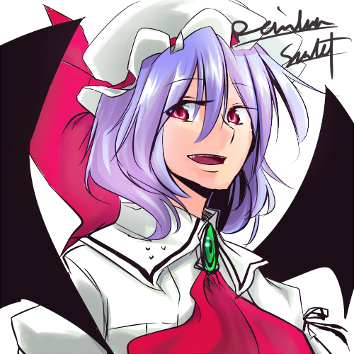supei, remilia scarlet, touhou, bad id, bad pixiv id, lowres, 1girl, bat wings, female focus, hat, purple hair, red eyes, short hair, solo, wings