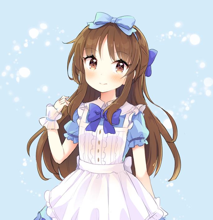 yazawa oke, tachibana arisu, idolmaster, idolmaster cinderella girls, commentary request, 1girl, apron, blue background, blue bow, blue bowtie, blue dress, blue hairband, blush, bow, bow hairband, bowtie, brown eyes, brown hair, closed mouth, dress, hair bow, hairband, long hair, looking at viewer, short sleeves, simple background, solo, sweat, very long hair, white apron