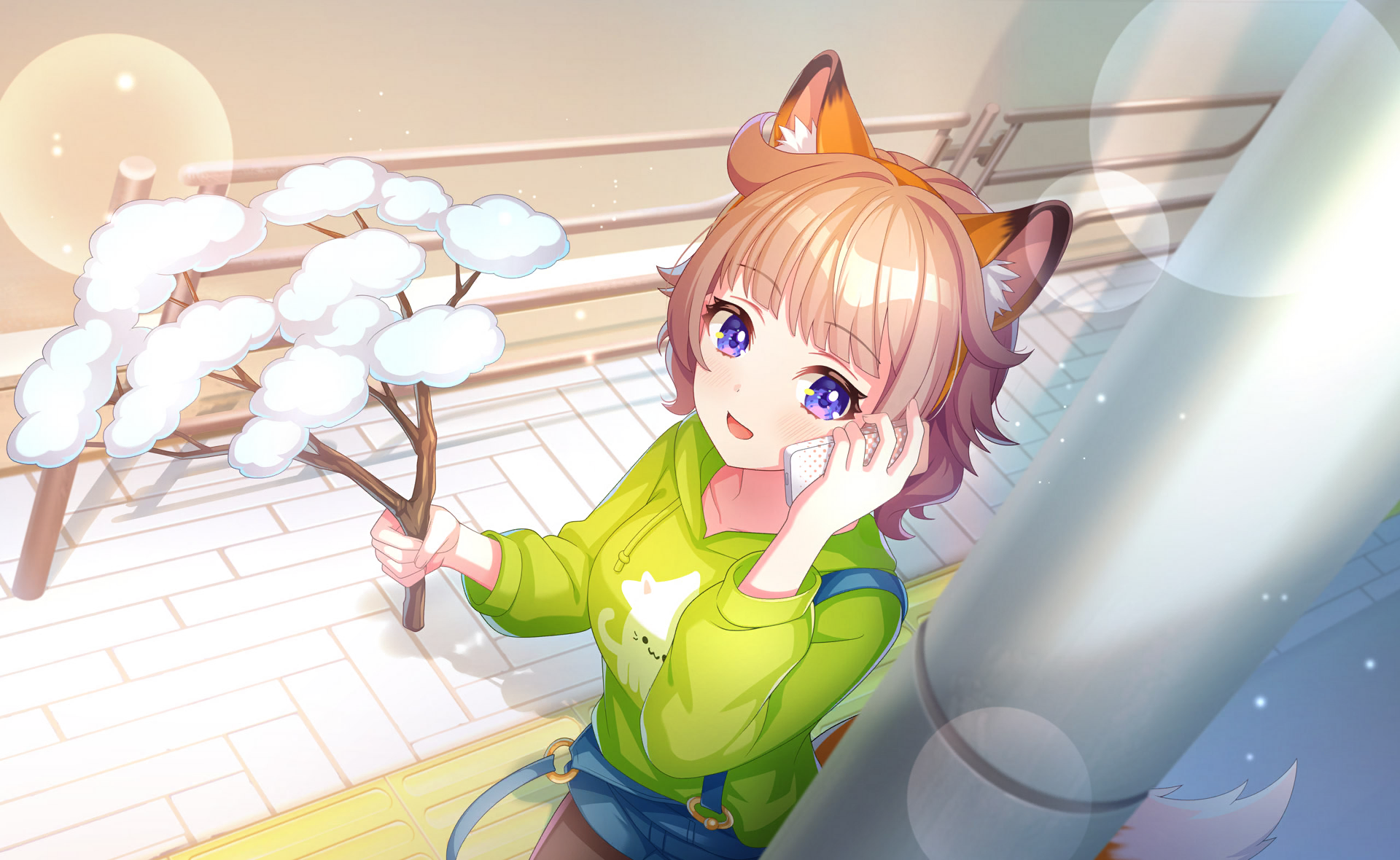 sasuga chisa, world dai star, commentary request, game cg, highres, official art, third-party source, 1boy, animal ears, blue eyes, blush, brown hair, denim, hairband, hood, hoodie, looking at viewer, male focus, open mouth, purple eyes, short hair, smile, solo, tail, umbrella