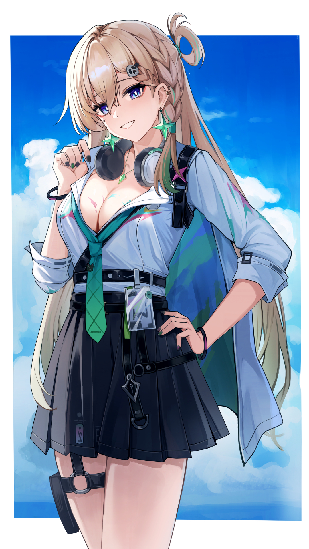 shengwr, lynae (wuthering waves), wuthering waves, commentary request, highres, 1girl, aqua necktie, black nails, black skirt, blonde hair, blue eyes, blue sky, border, braid, braided bangs, breasts, bright pupils, cleavage, earrings, green nails, hair between eyes, hair ornament, hand on own hip, headphones, headphones around neck, id card, jacket, jewelry, large breasts, long hair, looking at viewer, multicolored hair, multicolored nails, necklace, necktie, parted lips, shirt, shirt tucked in, skirt, skull hair ornament, sky, smile, solo, star (symbol), star earrings, streaked hair, thighs, very long hair, white border, white jacket, white pupils, white shirt