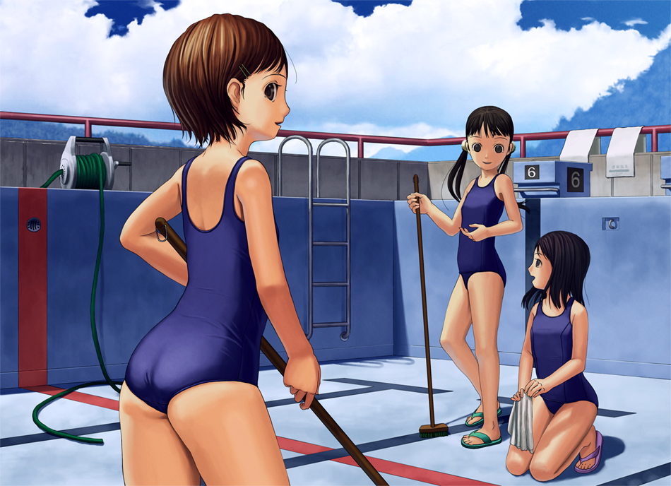 tsuda souichirou, original, bad id, bad pixiv id, 3girls, ass, black hair, broom, brown eyes, brown hair, cleaning, empty pool, flip-flops, hose, kneeling, multiple girls, one-piece swimsuit, pool, pool ladder, sandals, school swimsuit, short hair, short twintails, swimsuit, twintails