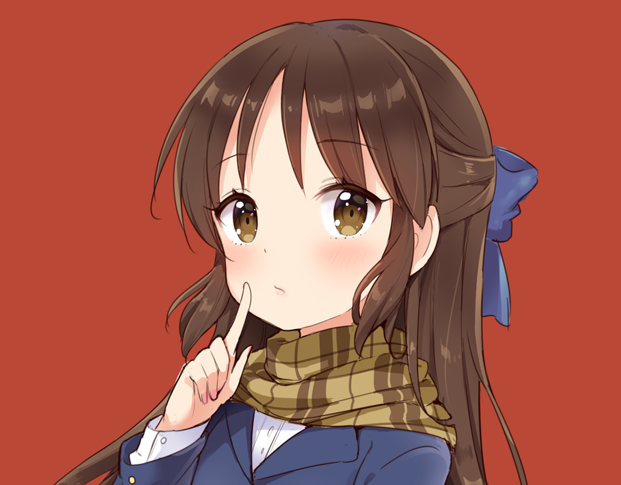 yazawa oke, tachibana arisu, idolmaster, idolmaster cinderella girls, commentary request, 1girl, blue bow, blue jacket, blush, bow, brown eyes, brown hair, brown scarf, hair between eyes, hair bow, index finger raised, jacket, long hair, long sleeves, looking at viewer, plaid clothes, plaid scarf, red background, scarf, simple background, solo, upper body