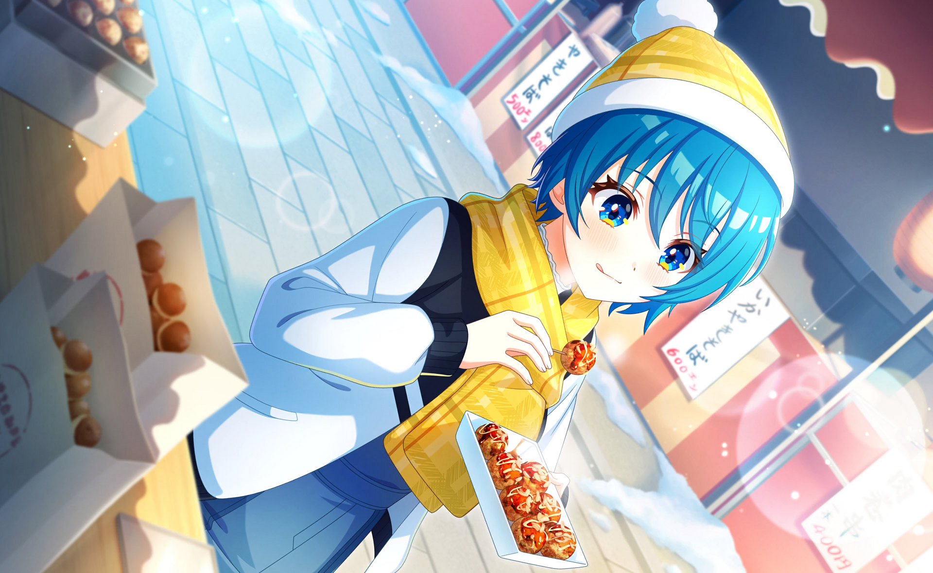 toneri nikako, world dai star, commentary request, game cg, highres, official art, third-party source, 1boy, apron, blue eyes, blue hair, blurry, blurry background, blush, depth of field, food, hat, kitchen, licking lips, long sleeves, looking at viewer, male focus, scarf, shop, smile, solo, tongue, tongue out