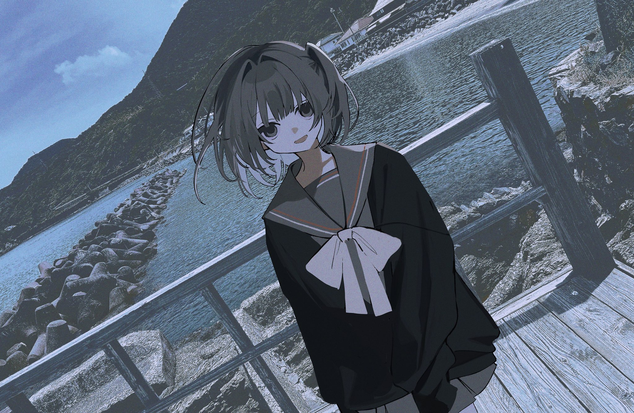 si (wooupp), original, highres, 1girl, black sweater, bow, bowtie, dutch angle, fence, grey eyes, grey hair, grey sailor collar, grey skirt, open mouth, outdoors, photo background, sailor collar, school uniform, short hair, skirt, sleeves past fingers, sleeves past wrists, smile, solo, sweater, water, white bow, white bowtie, wind