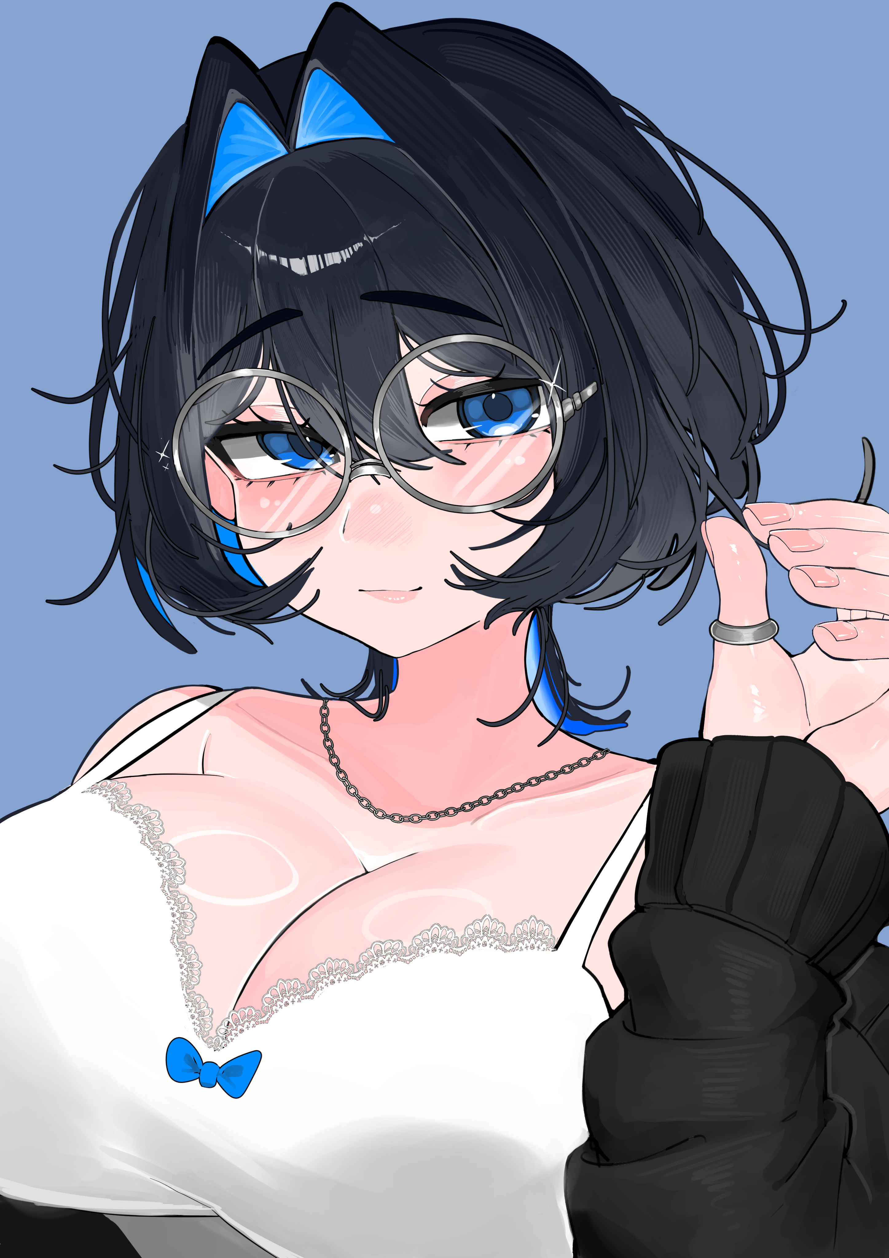 yuuppi, ouro kronii, hololive, hololive english, absurdres, commentary request, highres, 1girl, alternate costume, black hair, black jacket, blue hair, blush, breasts, cleavage, closed mouth, glasses, hair intakes, jacket, jewelry, large breasts, looking at viewer, medium hair, necklace, ring, shirt, solo, virtual youtuber, white shirt