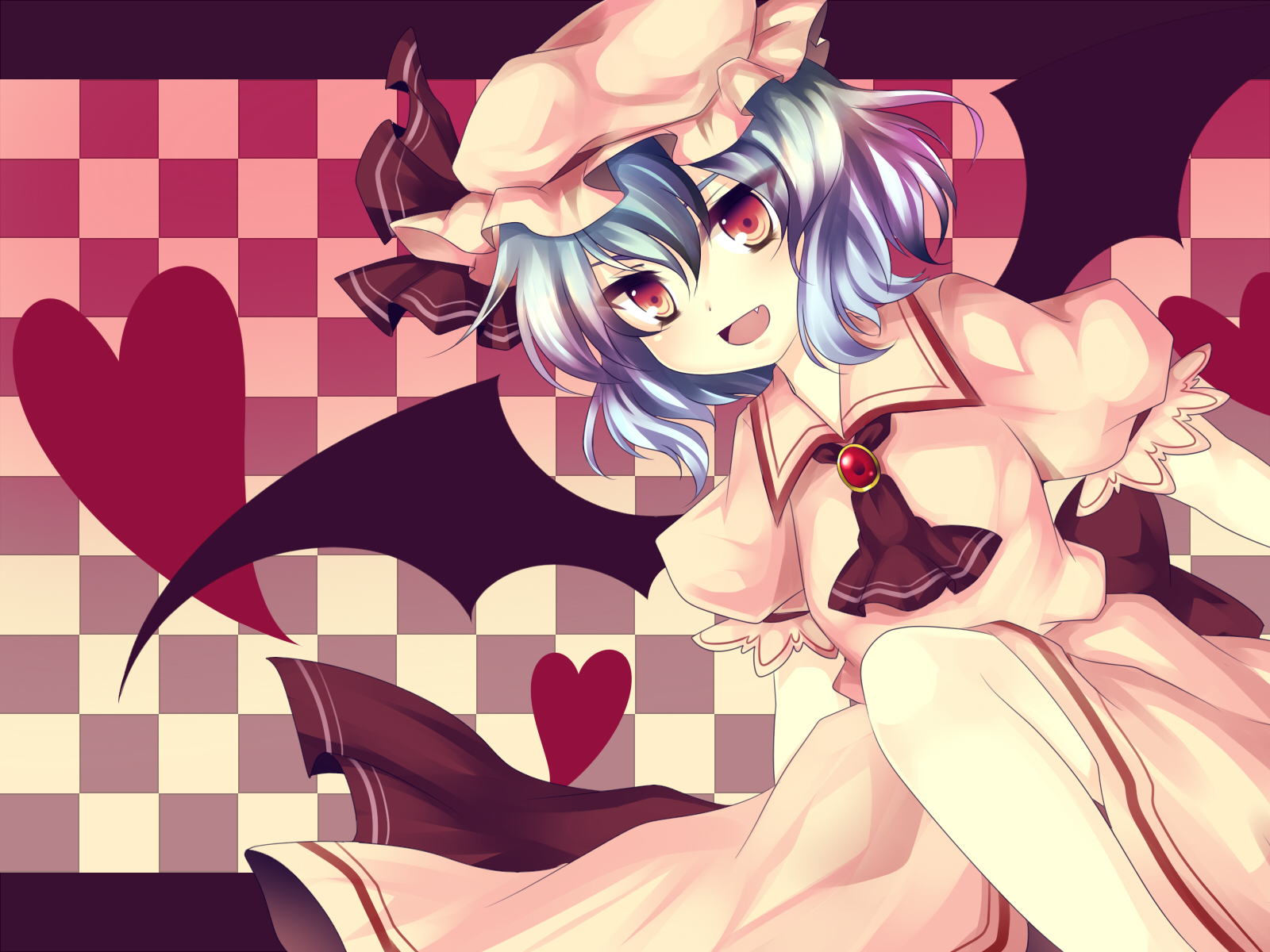 uranaishi (miraura), remilia scarlet, touhou, bad id, bad pixiv id, highres, 1girl, bat wings, fang, female focus, hat, open mouth, purple hair, red eyes, ribbon, short hair, solo, wings