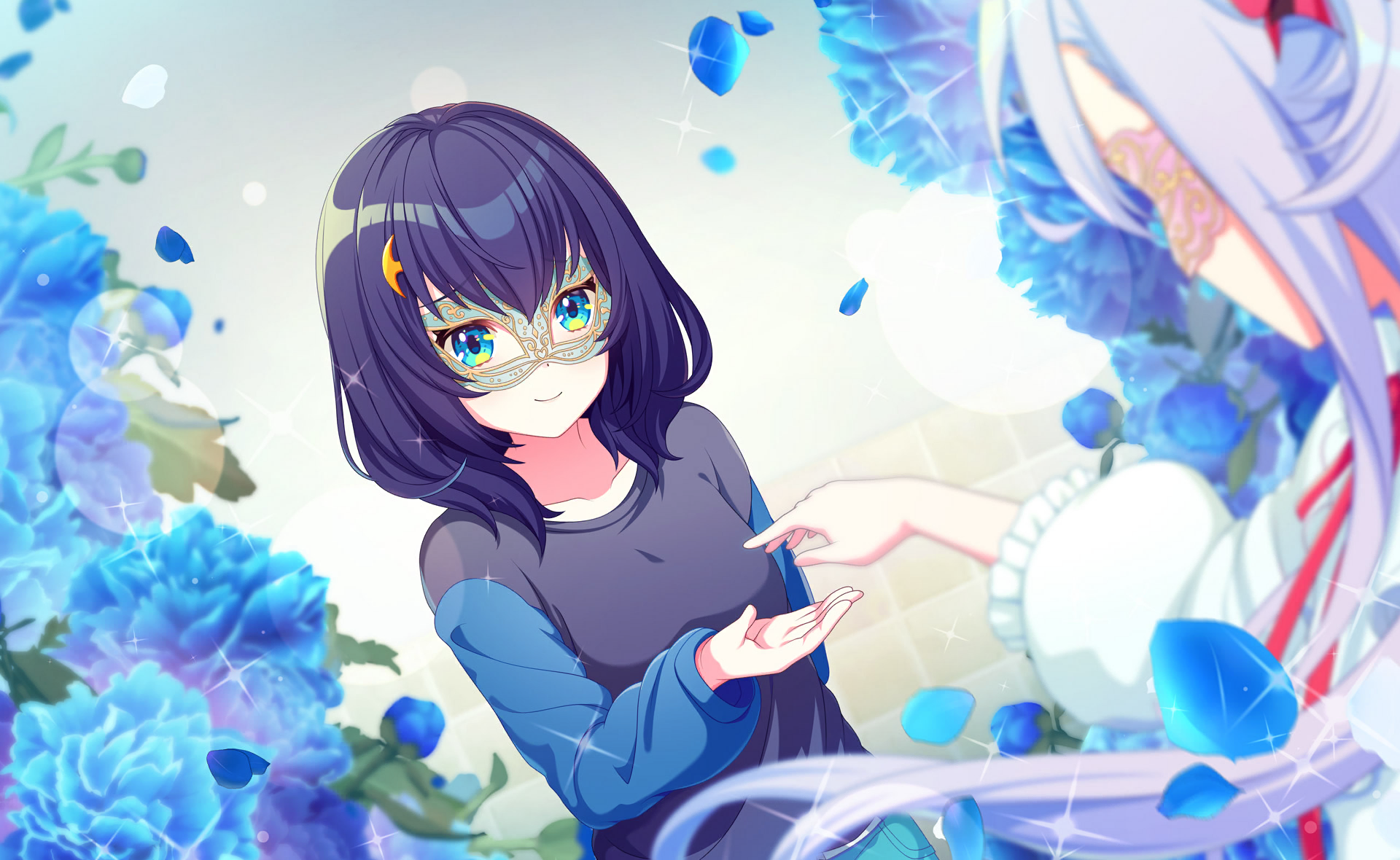 niizuma yae, shizuka (world dai star), world dai star, commentary request, game cg, highres, official art, third-party source, 2girls, black hair, black shirt, blue eyes, blue flower, blue hair, blurry, blurry background, blurry foreground, collarbone, depth of field, dress, flower, hair ornament, long hair, long sleeves, looking at viewer, motion blur, multiple girls, petals, purple hair, rain, reflection, shirt, smile, upper body