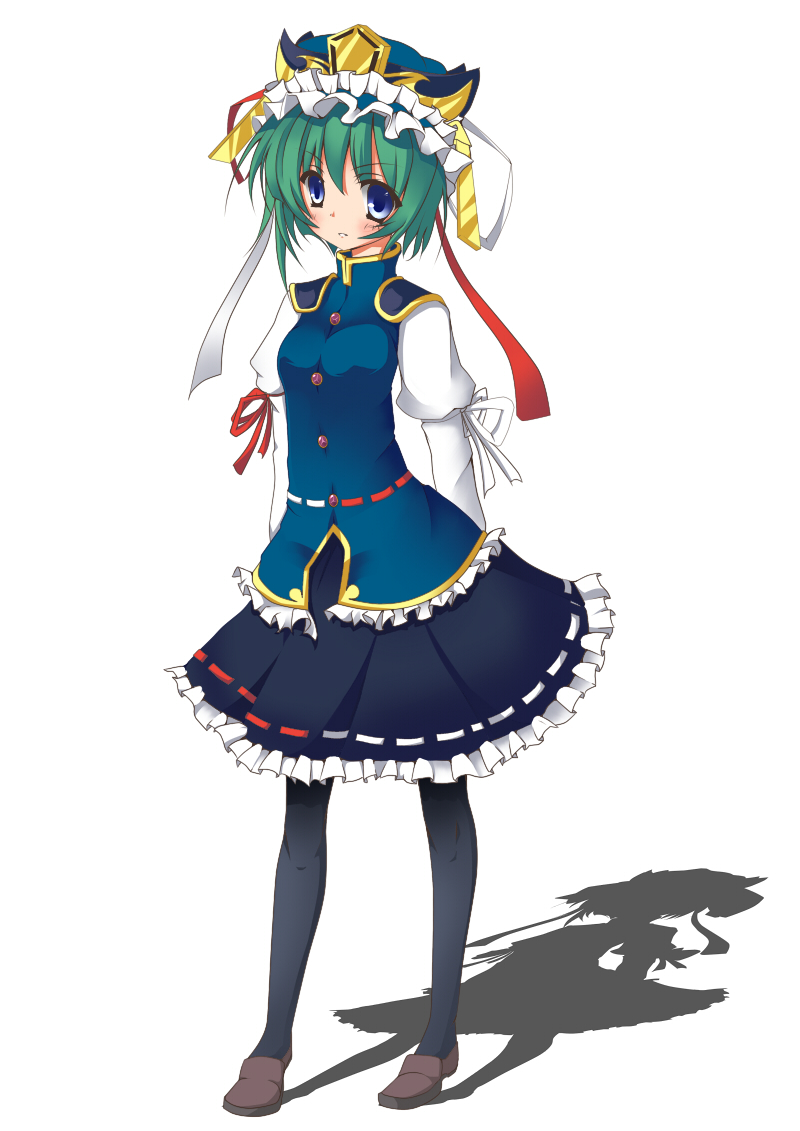 butakata, kouda hayato (e-gis), shiki eiki, touhou, bad id, bad pixiv id, 1girl, blue eyes, female focus, green hair, hat, pantyhose, shadow, short hair, solo