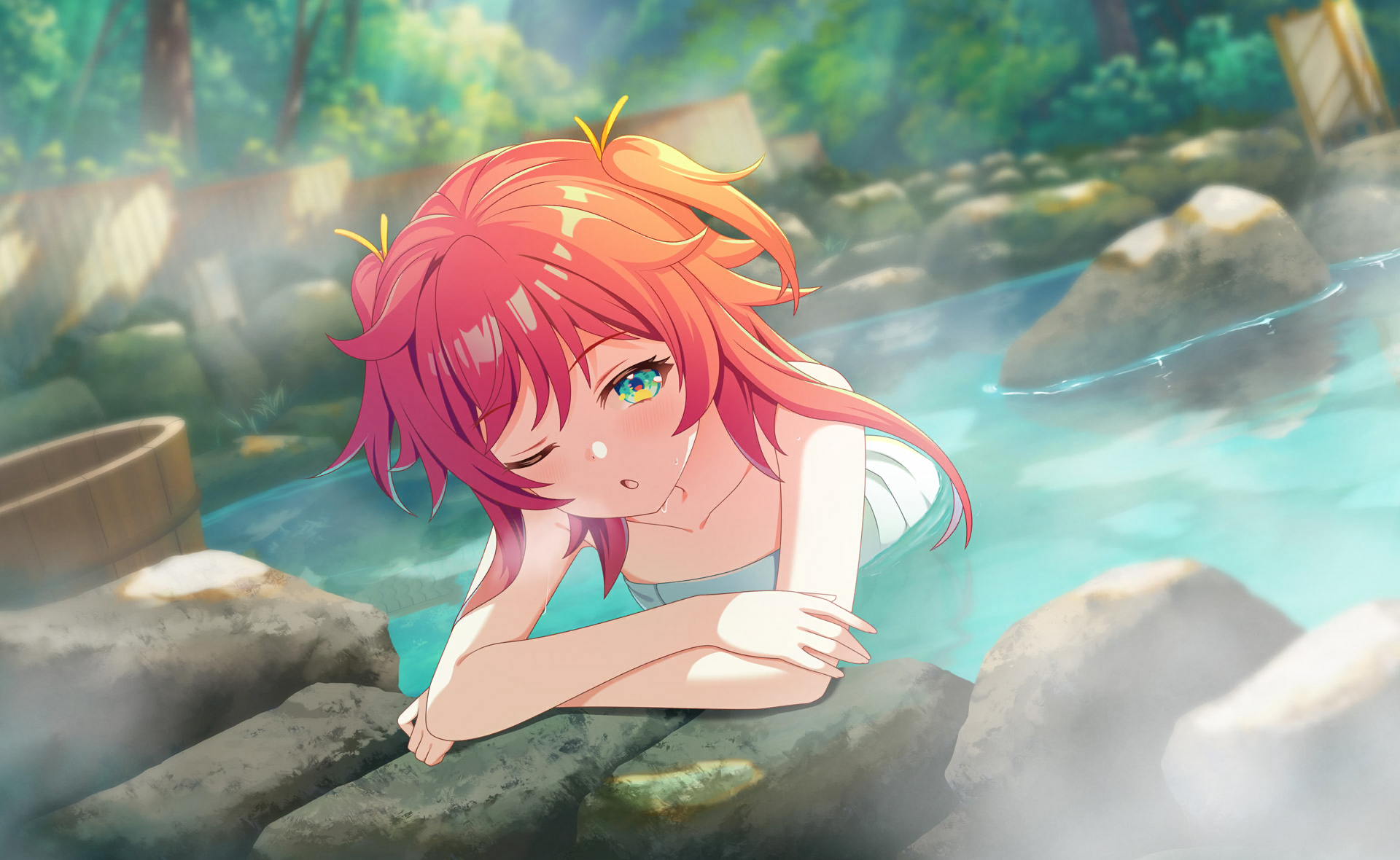 wang xue, world dai star, commentary request, game cg, highres, official art, third-party source, 1girl, bathing, blurry, blurry background, blurry foreground, blush, bucket, collarbone, day, depth of field, fence, green eyes, hair ribbon, long hair, looking at viewer, nature, nude, one eye closed, onsen, open mouth, outdoors, partially submerged, ribbon, rock, solo, steam, towel, two side up, water, wet