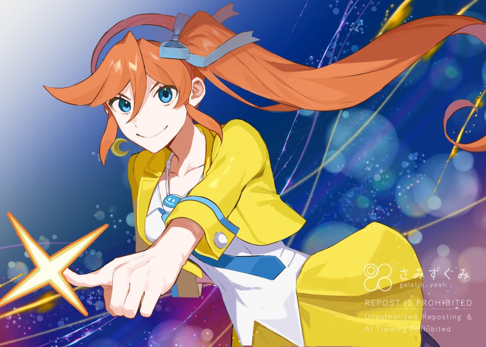 gumi (gelatin), athena cykes, ace attorney, commentary request, 1girl, black pantyhose, blue bow, blue eyes, blue hairband, blue necktie, bow, bow hairband, closed mouth, crescent, crescent earrings, cropped jacket, earrings, hair bow, hairband, jacket, jewelry, long hair, looking at viewer, necklace, necktie, open clothes, open jacket, orange hair, pantyhose, pointing, shirt, side pov, single earring, skirt, smile, solo, very long hair, white shirt, yellow jacket, yellow skirt