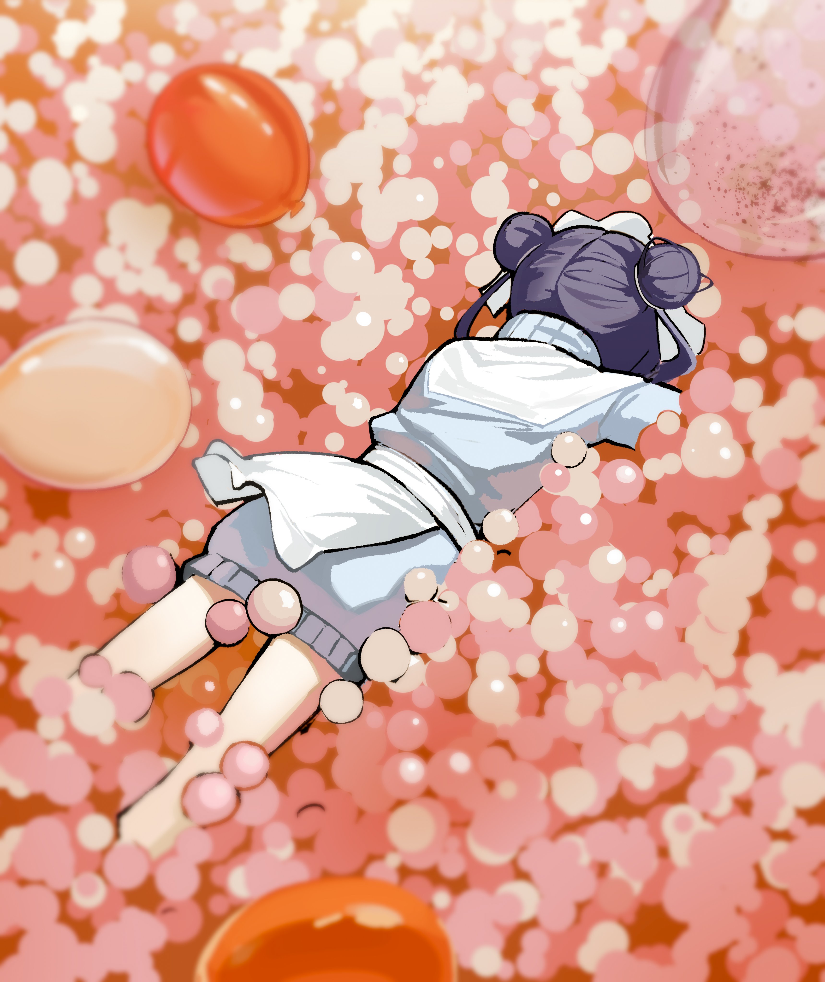 firehippo, gangzi (vtuber), stellive, absurdres, commentary, english commentary, highres, 1girl, apron, balloon, black hair, blue shirt, blue skirt, double bun, face down, hair bun, lying, on stomach, shirt, skirt, solo, virtual youtuber, waist apron, white apron
