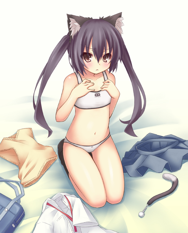 ryo (botugo), nakano azusa, k-on!, 00s, 1girl, :<, anal beads, anal tail, animal ears, animal print, black hair, bow, bow panties, bra, brown eyes, butt plug, cat bra, cat ears, cat print, cat print bra, cat tail, clothes writing, fake tail, female focus, flat chest, loli, long hair, navel, panties, print bra, school uniform, seiza, sex toy, sitting, slit pupils, socks, solo, sports bra, sweater, tail, training bra, twintails, underwear, underwear only, unworn clothes, unworn sweater, white bra, white panties