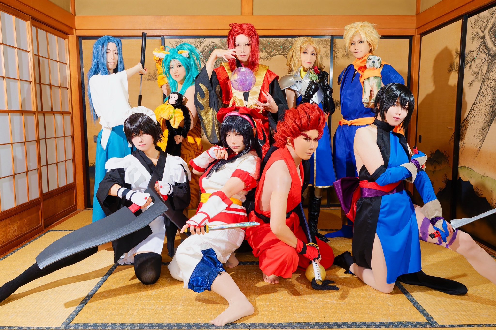 amakusa shirou tokisada, cham cham, charlotte christine de colde, galford d weller, iroha (samurai spirits), kazama kazuki, nakoruru, shiki (samurai spirits), tachibana ukyou, samurai spirits, snk, highres, 4boys, 5girls, ainu clothes, asian, barefoot, black hair, blonde hair, blue hair, breasts, cosplay, crystal ball, feet, fingerless gloves, flower, gloves, green hair, hair ribbon, japanese clothes, kneeling, leg tattoo, legs, long hair, long skirt, looking at viewer, maid, maid headdress, medium breasts, multiple boys, multiple girls, ninja, pants, pointy hair, red eyes, red hair, ribbon, rose, scarf, short hair, skirt, smile, sword, tattoo, thighs, weapon