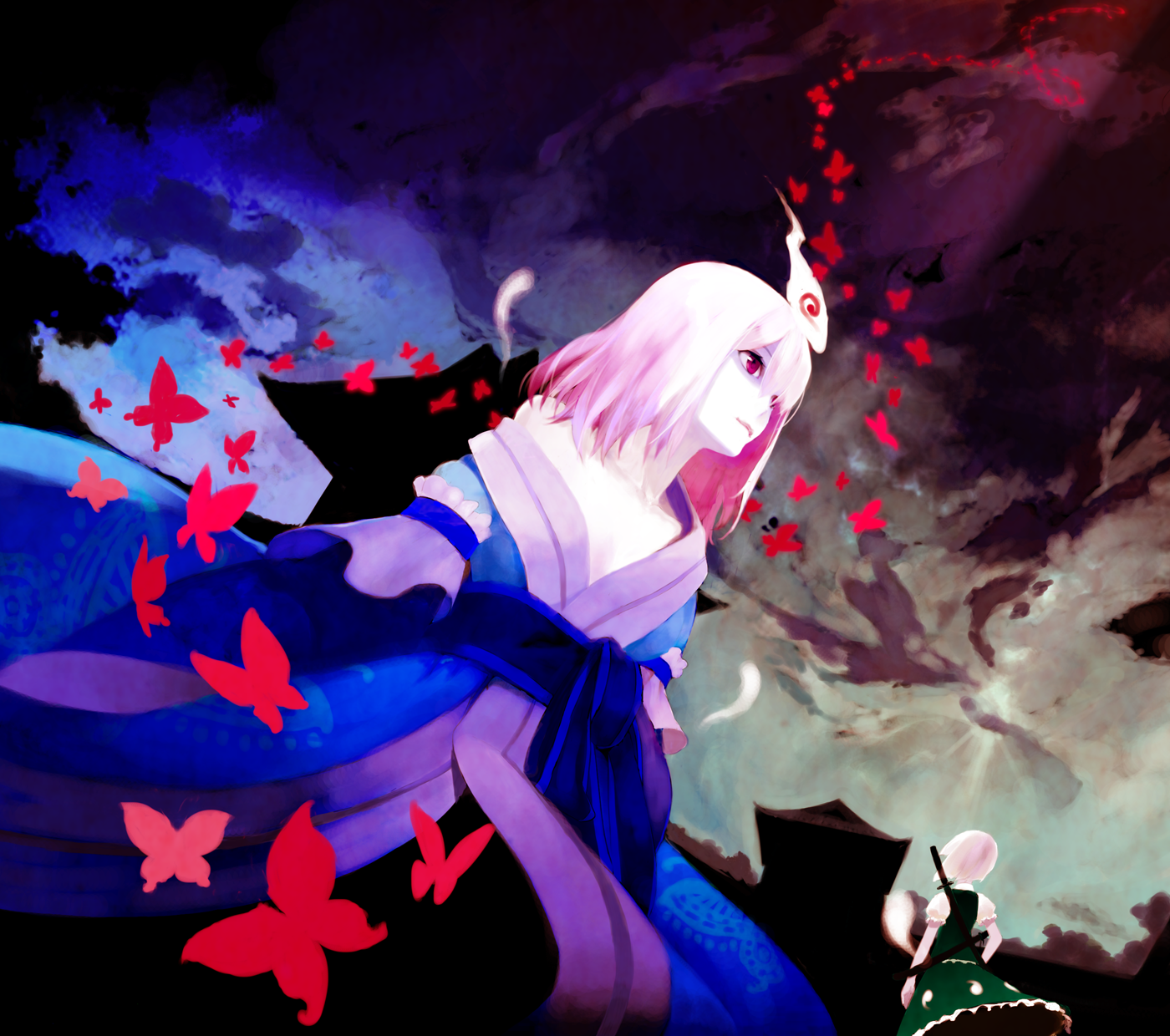 multic, konpaku youmu, konpaku youmu (ghost), saigyouji yuyuko, touhou, looking away, silver hair, bad id, bad pixiv id, highres, 2girls, architecture, arm garter, back, bare shoulders, blue dress, breasts, bug, butterfly, closed mouth, cloud, dress, dutch angle, east asian architecture, female focus, frills, from below, green skirt, green vest, hair ribbon, hairband, hitodama, insect, japanese clothes, kimono, long sleeves, loose clothes, magatama, multiple girls, no headwear, obi, off shoulder, one eye covered, pale skin, pink hair, red eyes, ribbon, sash, shaded face, shirt, short hair, short sleeves, skirt, skirt set, sky, small breasts, standing, sword, triangular headpiece, upskirt, vest, weapon, white shirt, wide sleeves