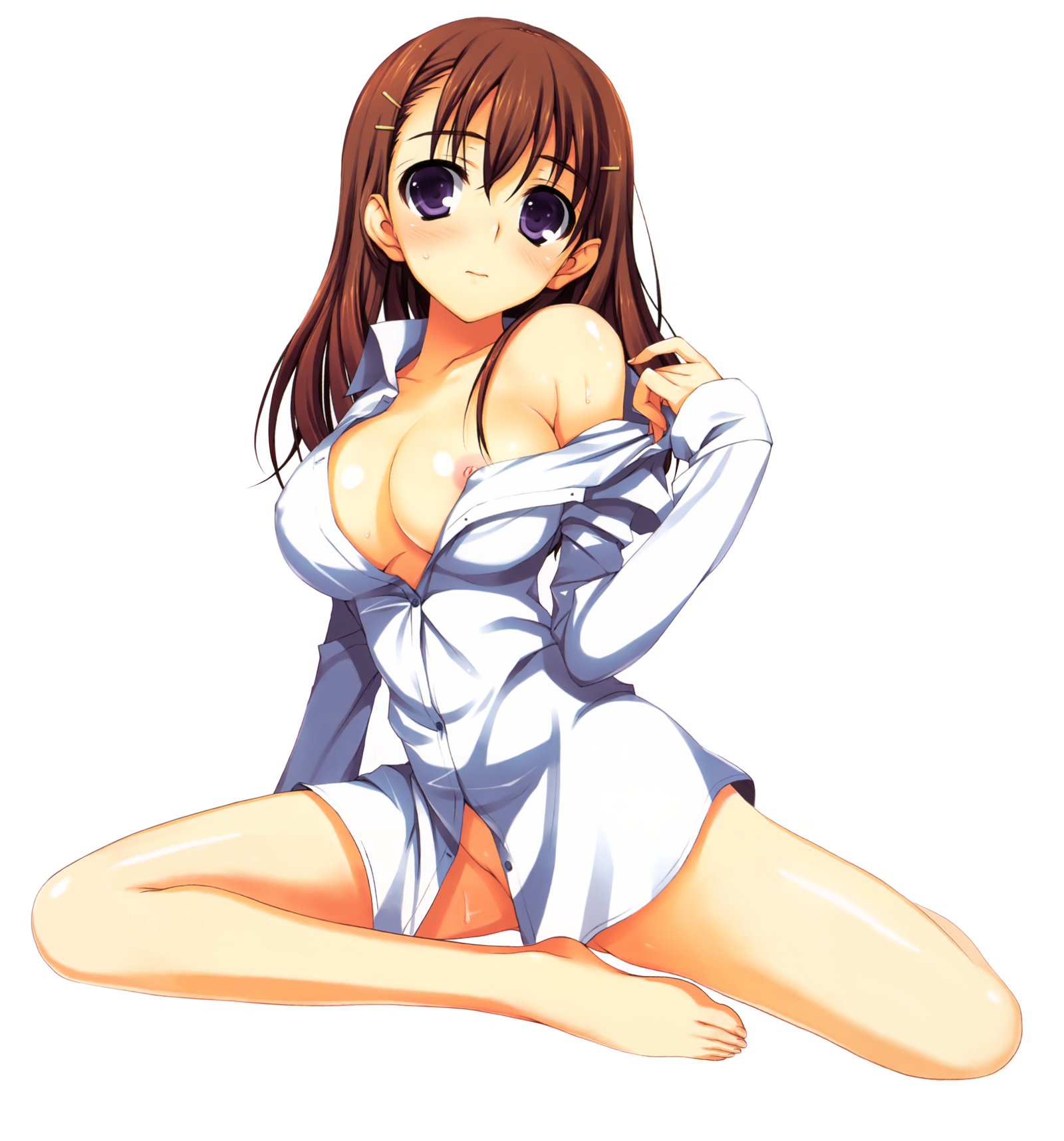 tomose shunsaku, original, highres, 1girl, bare shoulders, barefoot, blush, breasts, brown hair, feet, female focus, hair ornament, hairclip, large breasts, long hair, nipple slip, nipples, no bra, no panties, open clothes, open shirt, purple eyes, shirt, solo, sweat