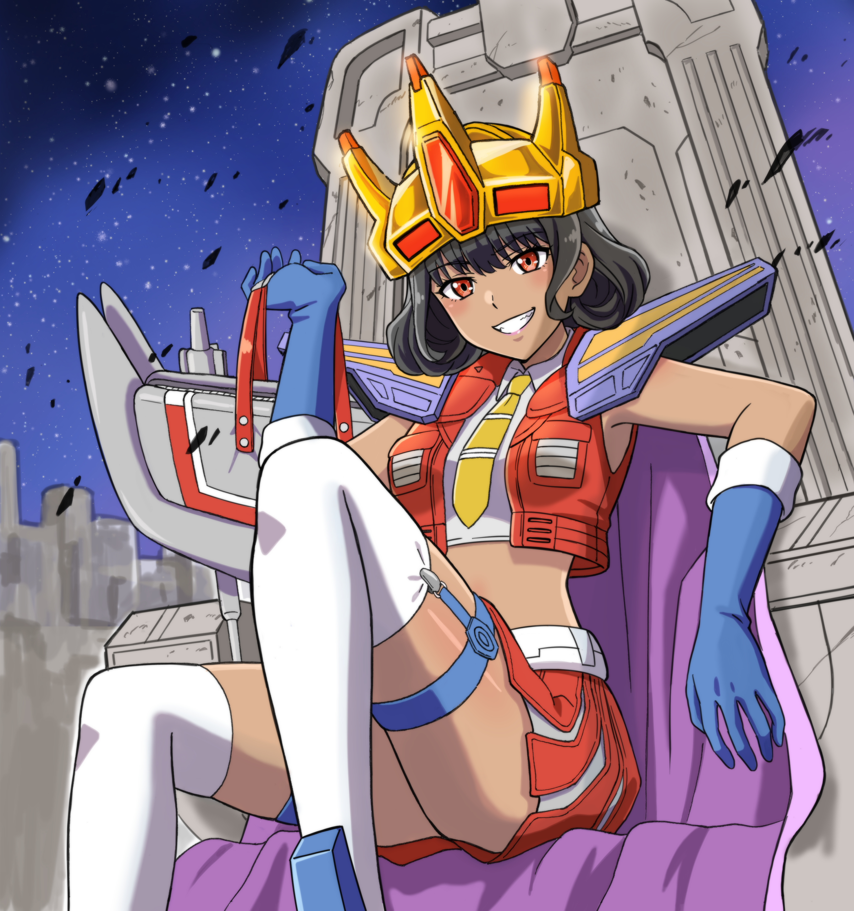komagoma, starscream, starscream (kotobukiya bishoujo), transformers, transformers: generation 1, transformers: the movie, absurdres, commentary request, highres, 1girl, bag, belt, black hair, blue gloves, blush, cape, clenched teeth, collared shirt, crop top, cropped shirt, cropped vest, crown, curly hair, dark-skinned female, dark skin, elbow gloves, garter straps, genderswap, genderswap (mtf), gloves, gold crown, grey bag, grin, hair behind ear, hair intakes, hand up, holding, holding bag, humanization, looking at viewer, medium hair, midriff, miniskirt, necktie, open clothes, open vest, pink lips, pleated skirt, purple cape, red eyes, red skirt, red vest, school bag, shirt, shoulder pads, sidelocks, sitting, sitting on throne, skirt, sleeveless, sleeveless shirt, smile, solo, teeth, thigh strap, thighhighs, throne, vest, white belt, white shirt, white thighhighs, yellow necktie