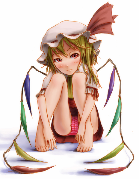 kurione (pixiv), kurione (zassou), flandre scarlet, touhou, bad id, bad pixiv id, 1girl, barefoot, blonde hair, cameltoe, feet, female focus, hands on feet, legs, panties, pantyshot, plantar flexion, red eyes, short hair, sitting, solo, striped clothes, striped panties, underwear, upskirt, wings