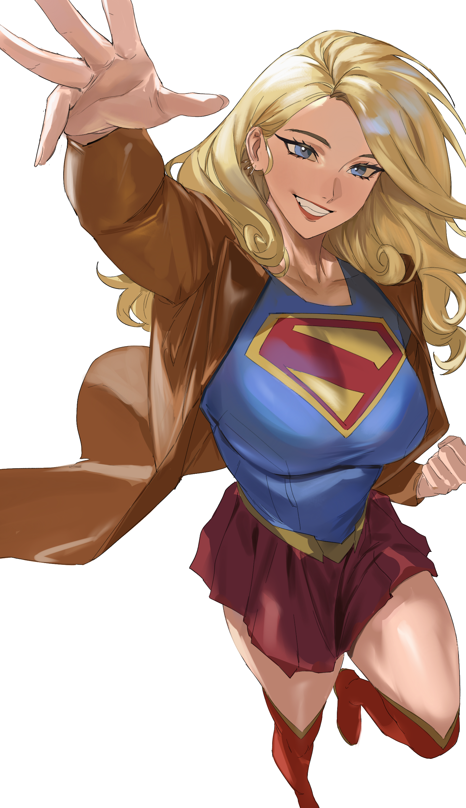 taiyang yu, supergirl, dc comics, superman (series), absurdres, commentary request, highres, 1girl, blonde hair, blue eyes, blue shirt, boots, breasts, brown jacket, earrings, grin, jacket, jewelry, large breasts, long hair, looking at viewer, reaching, reaching towards viewer, red boots, red skirt, shirt, skirt, smile, solo, supergirl (2026), superhero costume, superman logo, white background