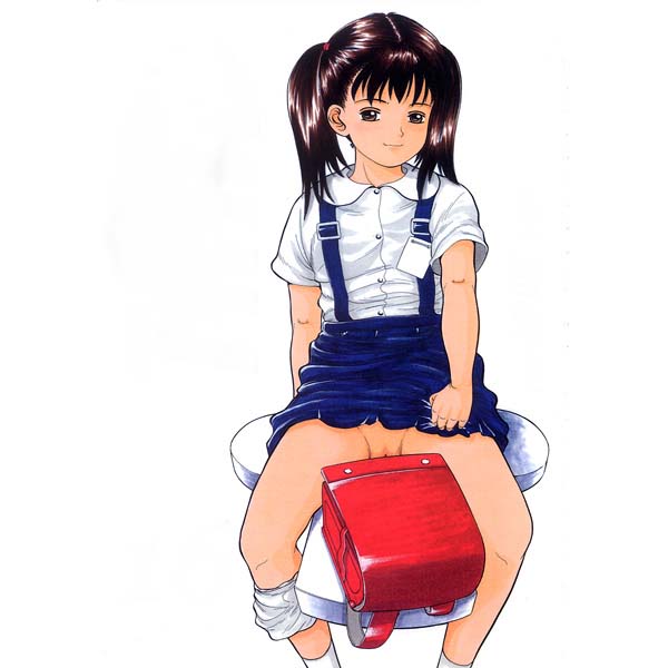 ichi'ichi yuuna, ichi (pixiv), original, 1girl, backpack, bag, black hair, brown eyes, clothes lift, female focus, loli, long hair, no panties, panties, panties around leg, pussy, randoseru, school uniform, sitting, skirt, skirt lift, solo, twintails, underwear