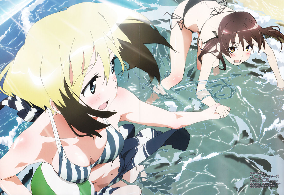 tanaka hironori, erica hartmann, gertrud barkhorn, strike witches, world witches series, scan, 00s, 2girls, beach, bent over, bikini, black hair, blonde hair, blue eyes, blush, breasts, cleavage, crease, holding hands, medium breasts, multicolored hair, multiple girls, sarong, side-tie bikini bottom, splashing, striped bikini, striped clothes, striped sarong, swimsuit, two-tone hair, wading, water, yellow eyes