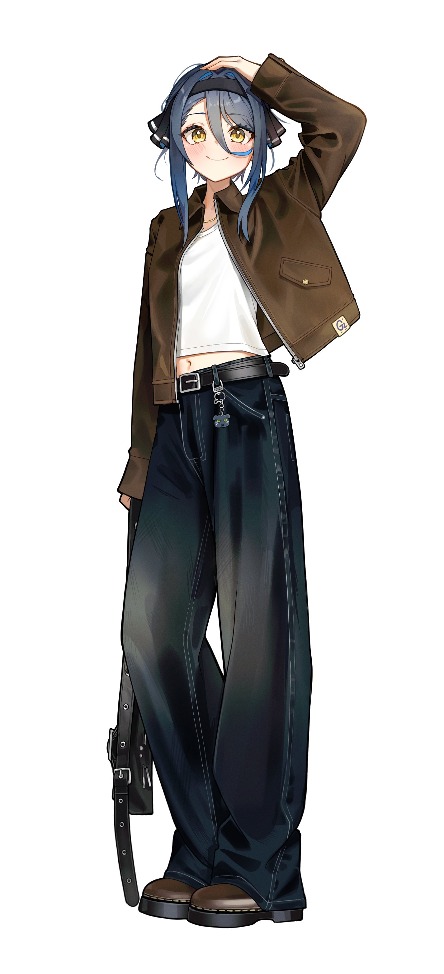 firehippo, gangzi (vtuber), stellive, absurdres, commentary request, highres, korean commentary, 1girl, arm at side, arm up, black hair, black hairband, black ribbon, brown jacket, closed mouth, denim, full body, hair between eyes, hair ribbon, hairband, hand on own head, holding, jacket, jeans, long bangs, long sleeves, looking at viewer, midriff, navel, open clothes, open jacket, pants, ribbon, shirt, shoes, short hair with long locks, simple background, sleeves past wrists, smile, solo, virtual youtuber, white background, white shirt