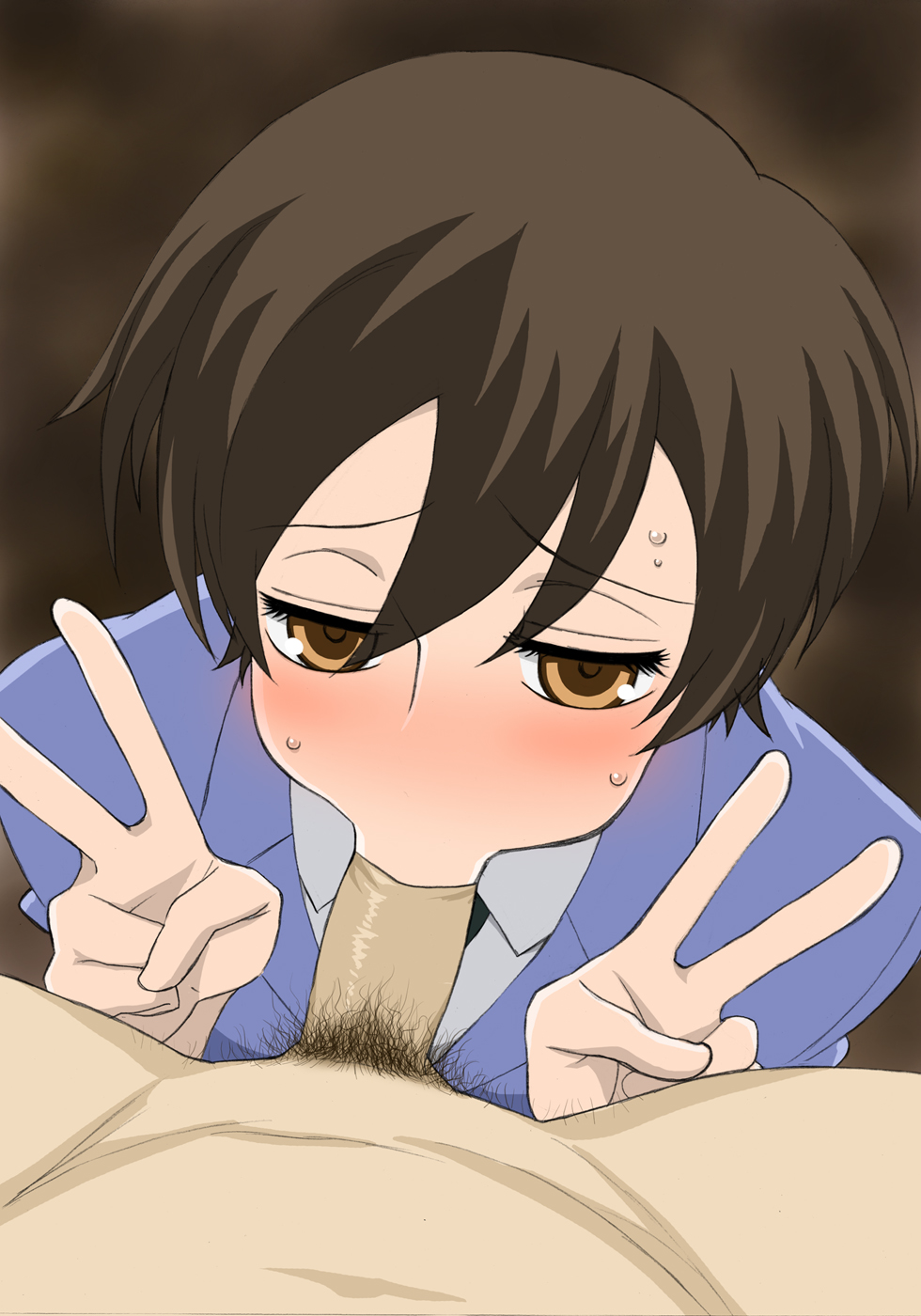 joy division, fujioka haruhi, ouran high school host club, highres, third-party edit, 00s, 1girl, :>=, androgynous, blazer, blush, brown eyes, brown hair, cheek bulge, clothed female nude male, crossdressing, crossdressing (ftm), double v, fellatio, jacket, male pubic hair, nude, oral, orange eyes, penis, pov, prostitution, pubic hair, reverse trap, school uniform, short hair, solo focus, sweat, tomboy, uncensored, v
