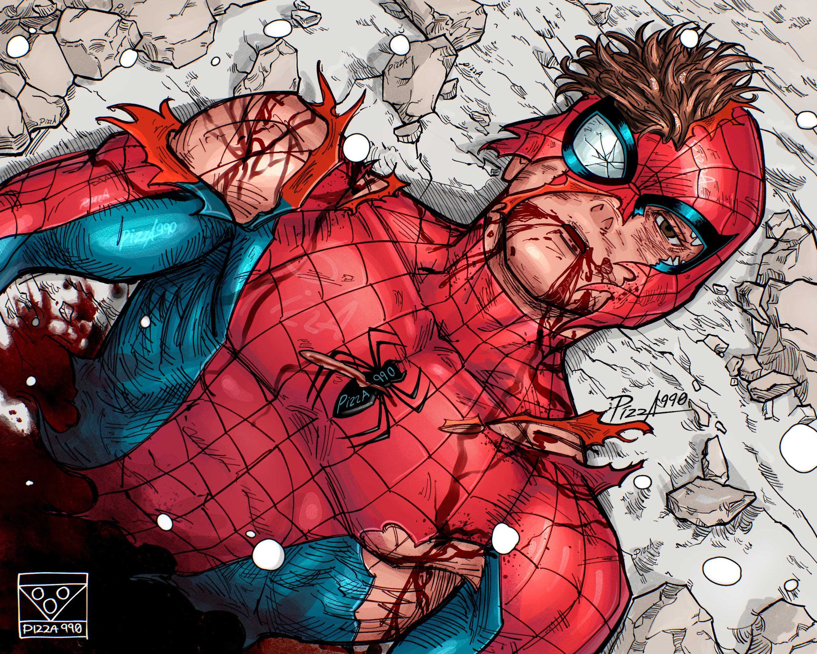 pizza990, peter parker, spider-man, jujutsu kaisen, marvel, spider-man (series), commentary, english commentary, highres, 1boy, animal print, artist name, bisected, blood, blood from mouth, bodysuit, broken mask, brown eyes, brown hair, crack, death, injury, mask, open mouth, scene reference, snow, solo, spider print, spider web print, superhero costume, torn bodysuit, torn clothes, torn mask