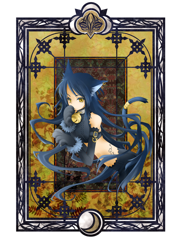 gene (pixiv), 1girl, animal ears, animal hands, art nouveau, bell, blue hair, cat ears, cat girl, cat paws, cat tail, female focus, leaning forward, long hair, solo, tail, tattoo, very long hair, yellow eyes