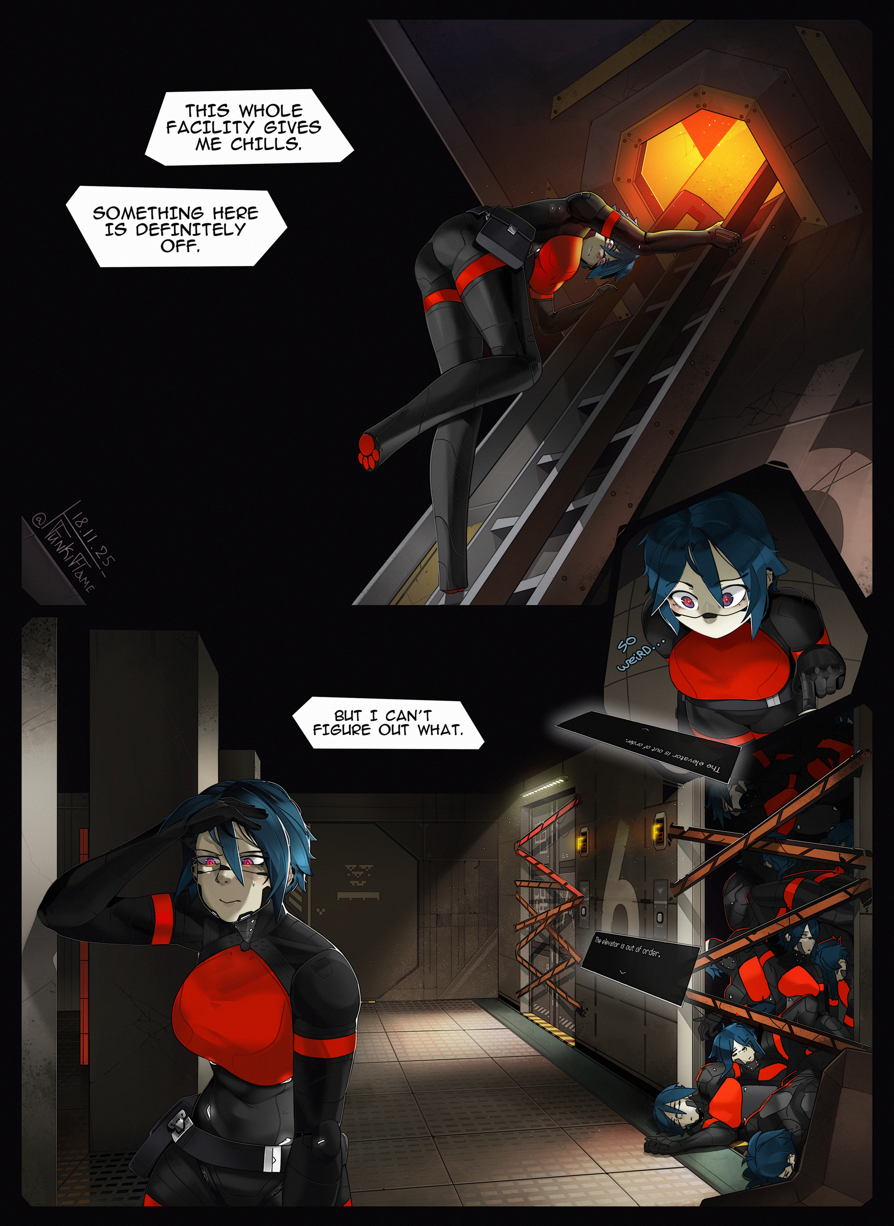 funkiflame, elster (signalis), signalis, absurdres, commentary, english commentary, highres, 6+girls, android, belt pouch, black hair, caution tape, corpse, dated, digitigrade, elevator, elevator door, english text, ladder, multiple girls, pawpads, pile of corpses, pouch, red eyes, signature, speech bubble, twitter username