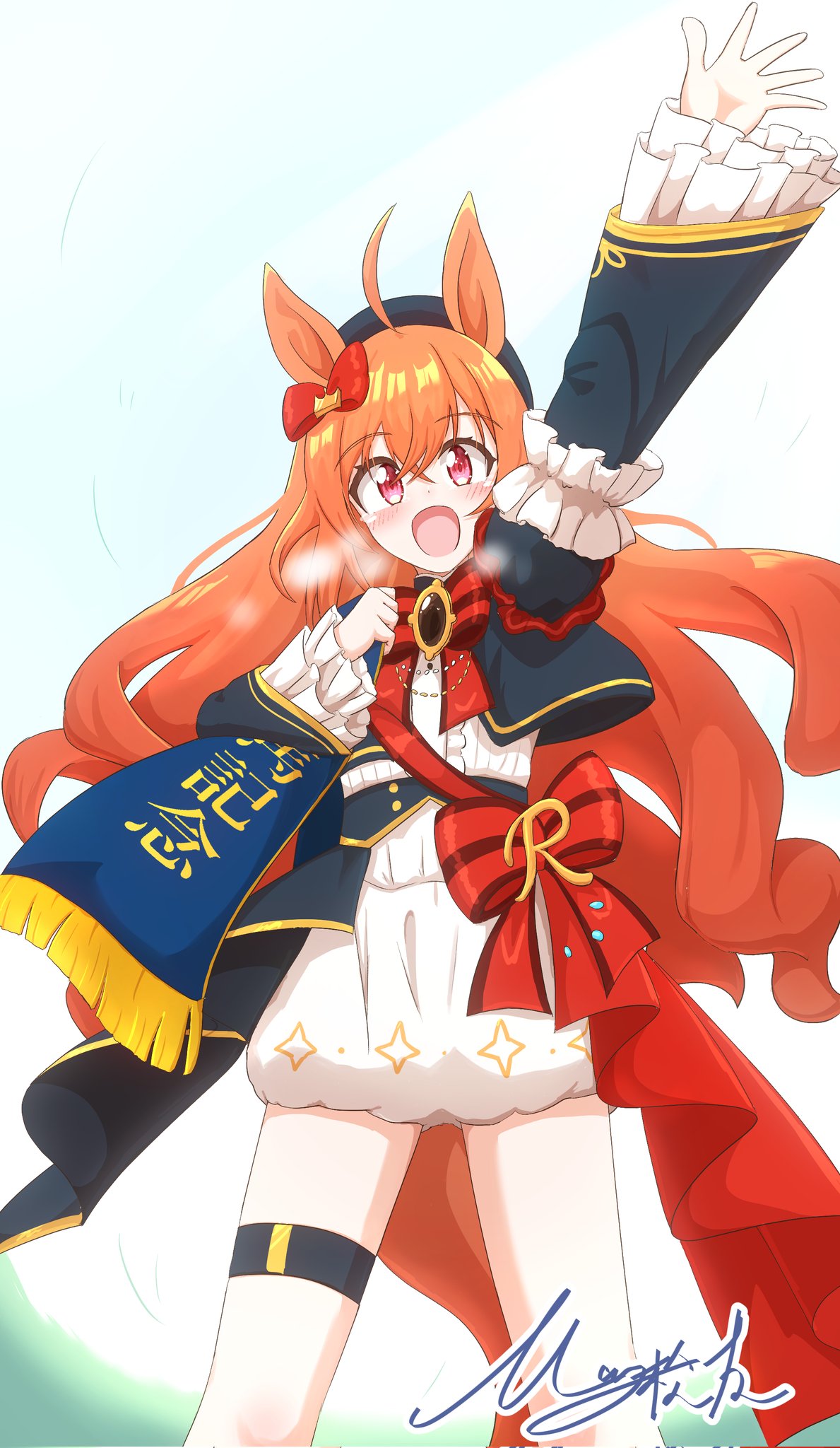 matty (matsutomo), the royal family (tv series), commentary request, highres, 1girl, ahoge, animal ears, arm up, beret, blush, breasts, hair between eyes, hair ornament, hat, heavy breathing, horse ears, horse girl, long hair, looking at viewer, orange eyes, orange hair, ribbon, royal family (the royal family), sash, solo, white background