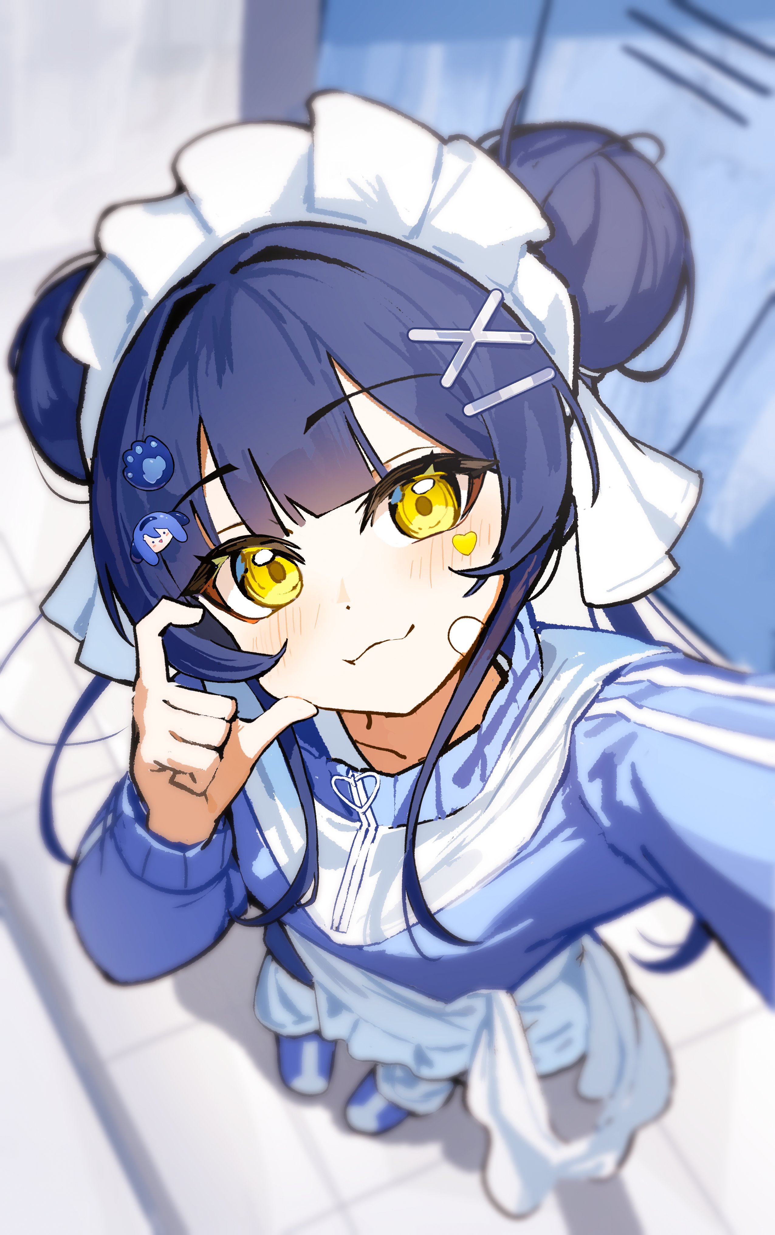 firehippo, gangzi (vtuber), stellive, absurdres, commentary request, highres, korean commentary, 1girl, :3, blue jacket, blurry, blurry background, blush, center-flap bangs, closed mouth, depth of field, double-parted bangs, double bun, foreshortening, from above, hair bun, hair intakes, hair ornament, hairclip, half-heart hands, hand up, heart, heart sticker, jacket, long sleeves, looking at viewer, looking up, maid headdress, selfie, solo, standing, sticker, sticker on face, virtual youtuber, x hair ornament, yellow eyes