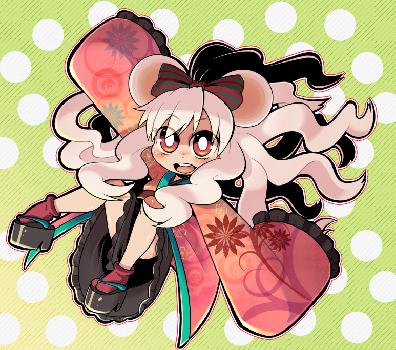 sokushi, soxy, nezubi, original, red legwear, 1girl, animal ears, blush, bow, bright pupils, brown eyes, cartoonized, clog sandals, falling, female focus, floral print, frilled kimono, frilled sleeves, frills, full body, gradient background, green background, hair bow, japanese clothes, kimono, long hair, long sleeves, looking at viewer, mouse ears, okobo, open mouth, outline, outstretched arms, platform sandals, polka dot, polka dot background, red eyes, round teeth, sandals, sleeves past wrists, smile, solo, spread arms, striped bow, tabi, teeth, toon (style), wavy hair, white hair, white pupils, wide sleeves