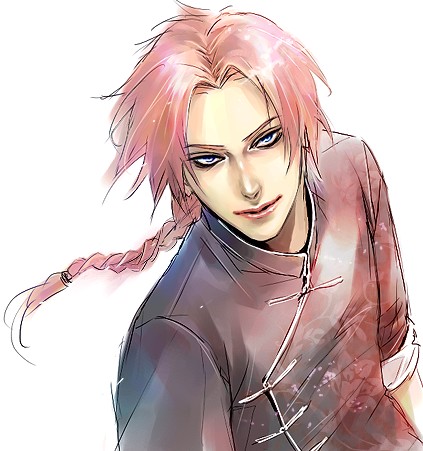 lily (artist), kamui, kamui (gintama), gintama, lowres, 00s, 1boy, blue eyes, braid, chinese clothes, male focus, pink hair, single braid, solo