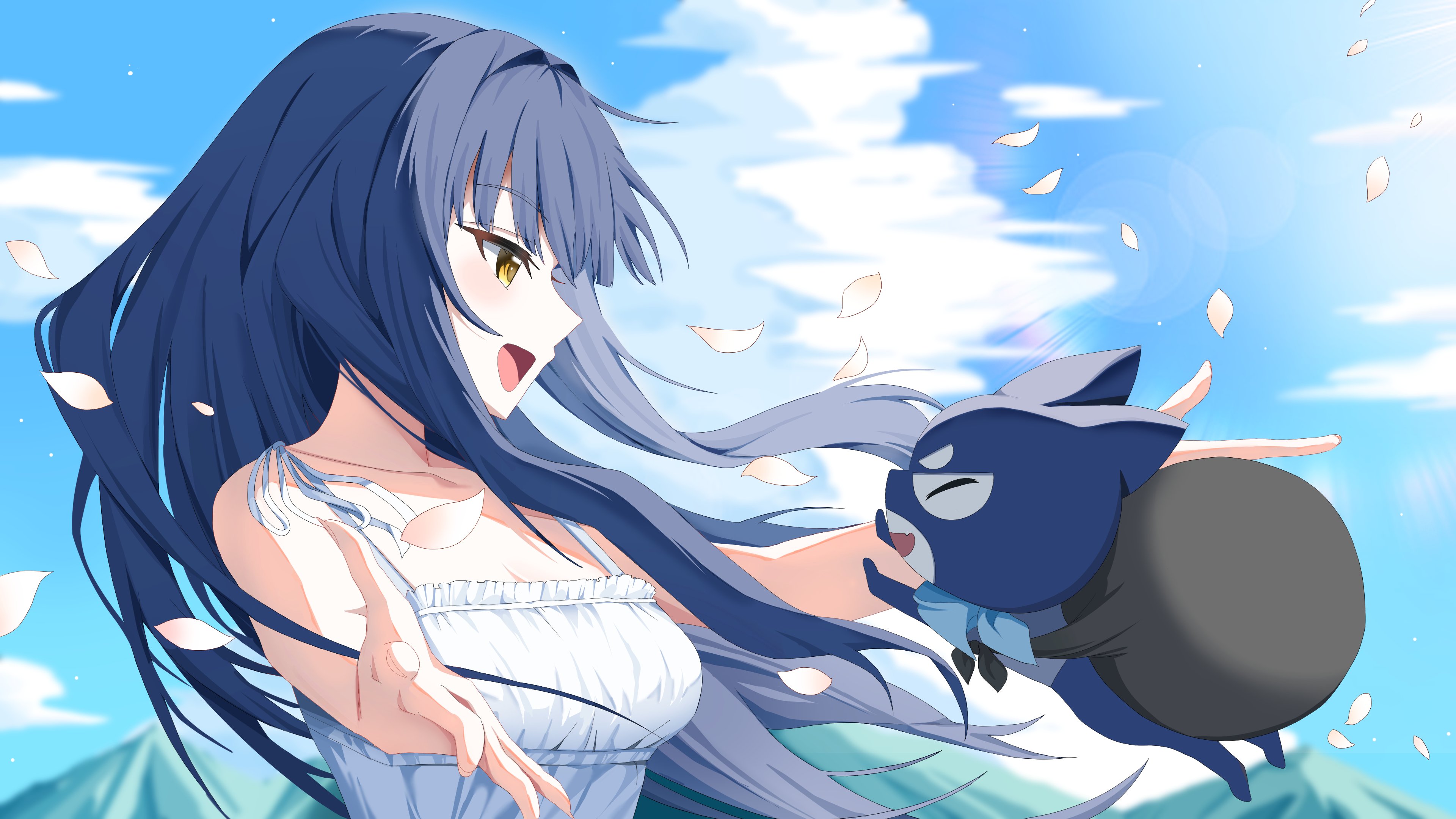 gangzi (vtuber), stellive, absurdres, character request, commentary request, highres, korean commentary, 1girl, :d, aoba nene, blue hair, blue sky, cloud, creature, day, dress, falling petals, from side, imminent hug, open mouth, outdoors, outstretched arms, petals, profile, sky, sleeveless, sleeveless dress, smile, spread arms, upper body, virtual youtuber, white dress, yellow eyes