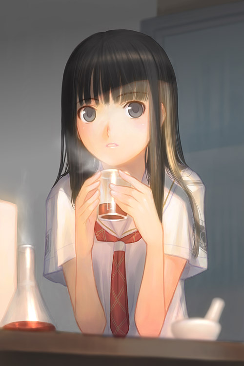 sakamoto mineji, futami eriko, kimi kiss, beaker, black hair, cup, glass, hime cut, leaning, long hair, school uniform, solo, steam