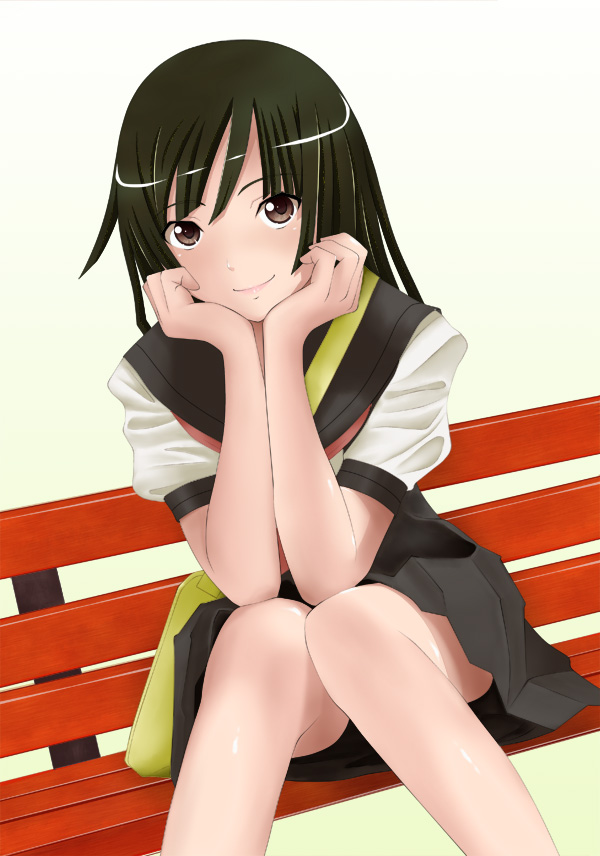 kishida-shiki, sengoku nadeko, bakemonogatari, monogatari (series), 00s, 1girl, bag, bench, black eyes, black hair, female focus, head rest, legs, school uniform, serafuku, sitting, smile, solo