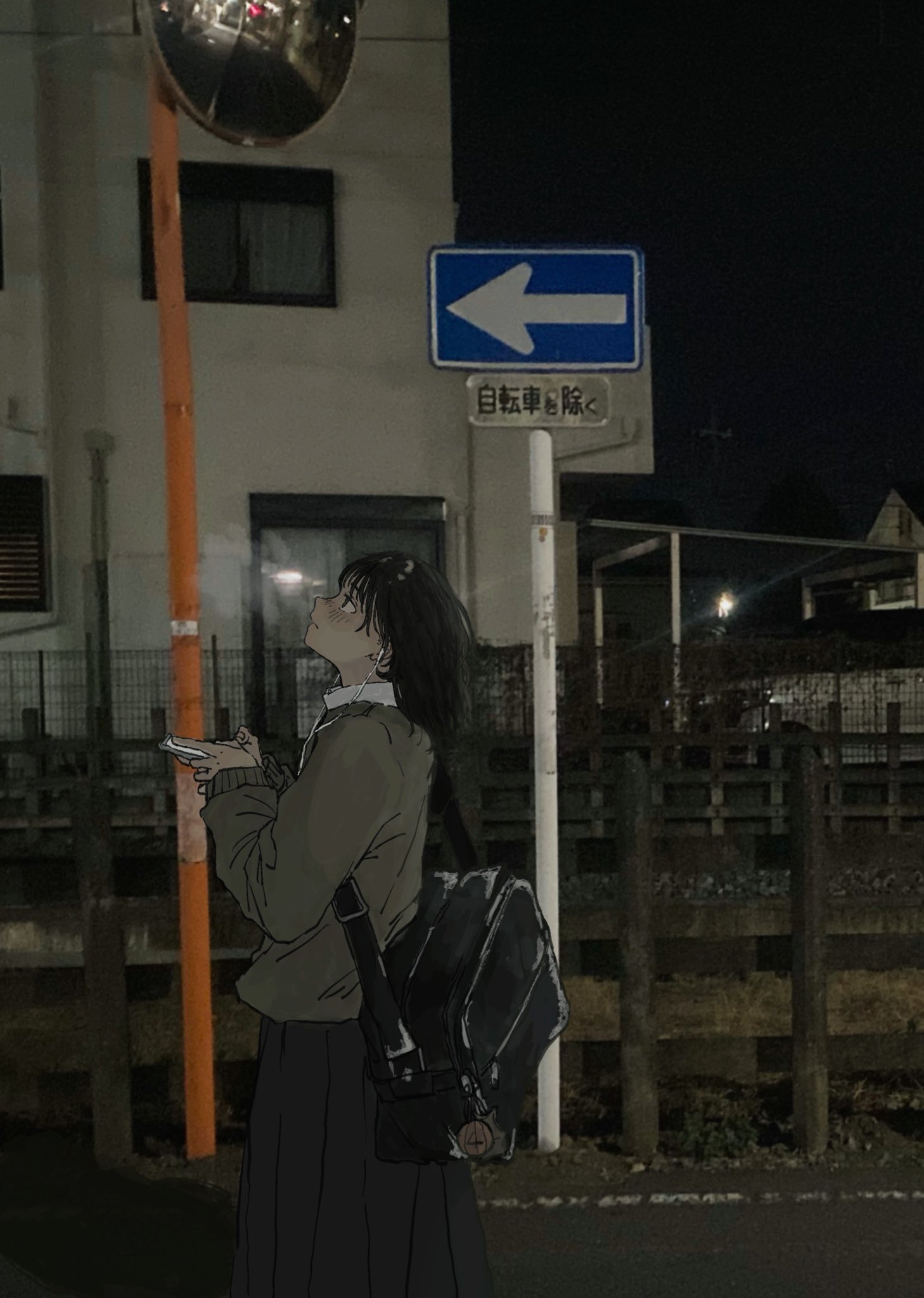 original, highres, 1girl, arrow (symbol), bag, black bag, black eyes, black hair, black skirt, blush, brown sweater, closed mouth, earphones, holding, holding phone, izumi mizu1001, long sleeves, looking up, night, outdoors, phone, photo background, shoulder bag, skirt, solo, sweater, traffic mirror