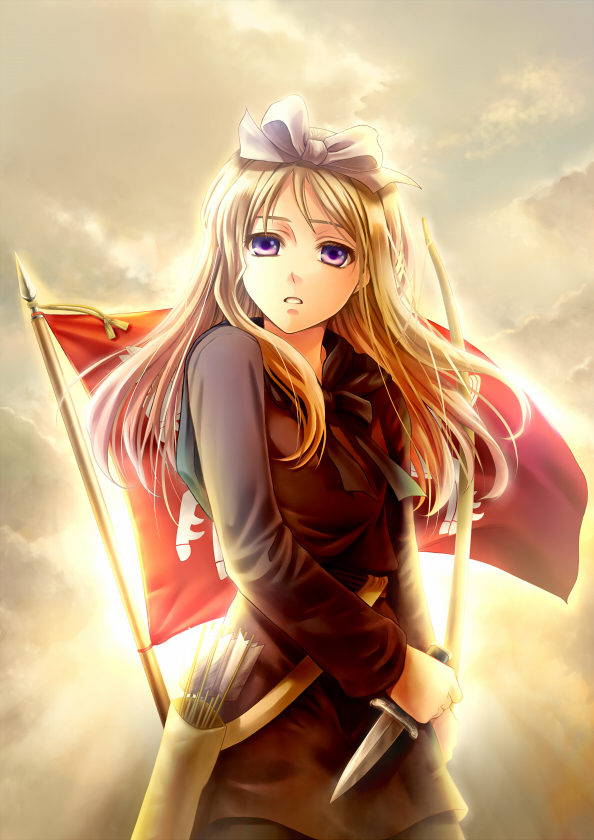 sasano shiki, belarus (hetalia), axis powers hetalia, bad id, bad pixiv id, 00s, 1girl, arrow (projectile), blonde hair, bow, bow (weapon), cloud, dagger, female focus, flag, hair bow, hair ribbon, knife, long hair, medieval, outdoors, purple eyes, ribbon, sky, solo, sunlight, weapon, white russia
