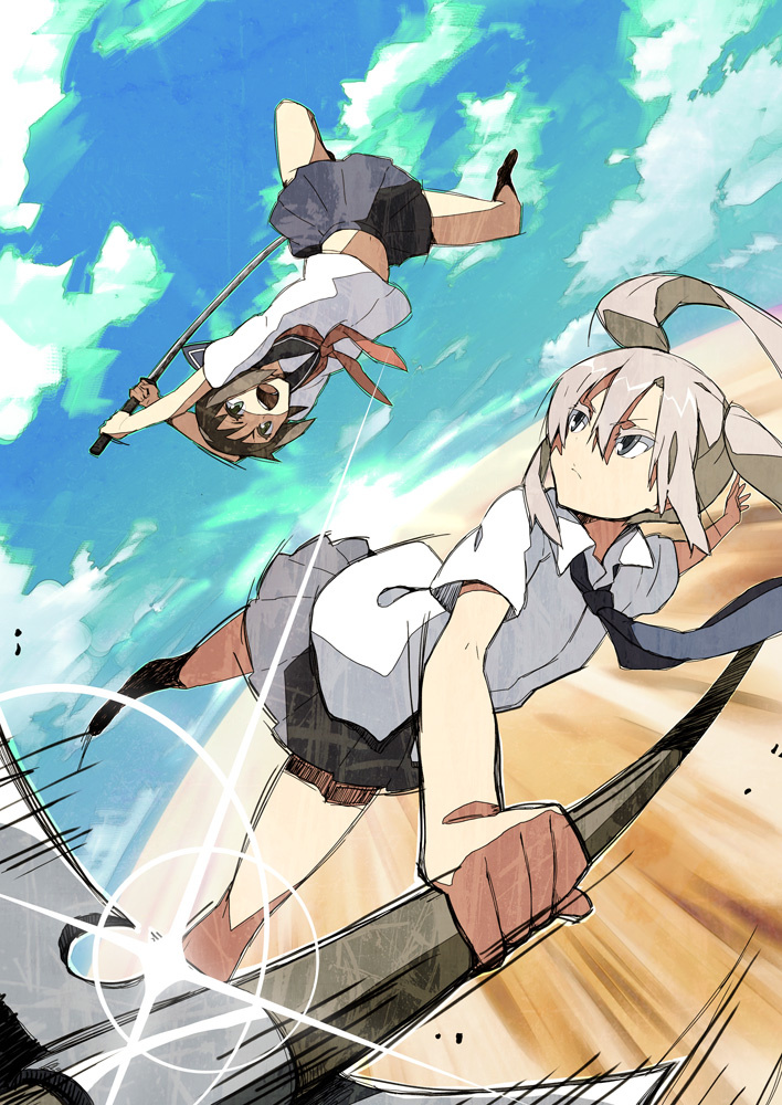 houru, original, 2girls, battle, katana, lens flare, midriff, multiple girls, perspective, polearm, school uniform, serafuku, sword, weapon