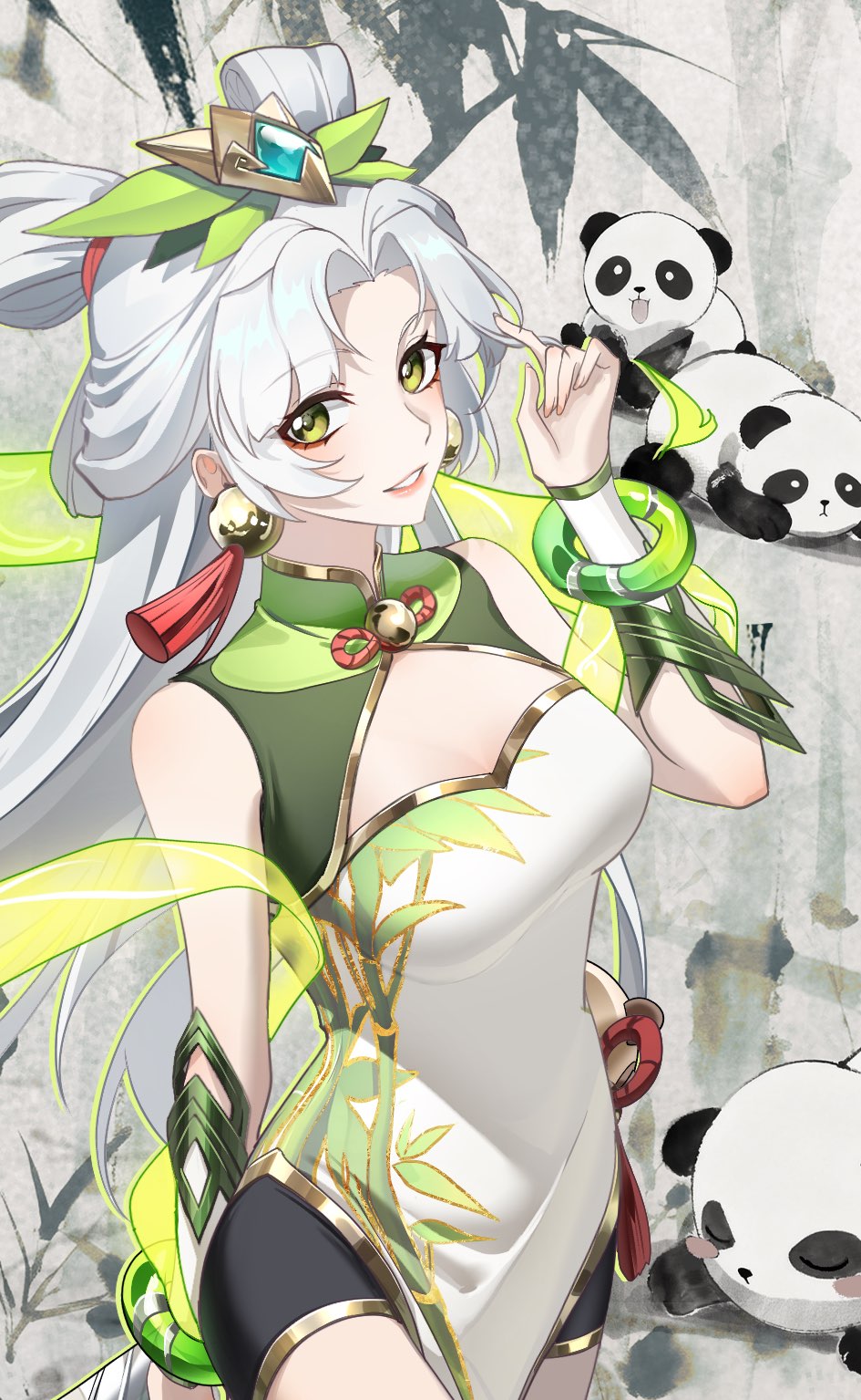miaotai miota, lux (league of legends), league of legends, commentary, highres, symbol-only commentary, 1girl, black shorts, breasts, china dress, chinese clothes, dress, earrings, green eyes, hair ornament, jewelry, long hair, panda, panda pal lux, shorts, smile, solo, tassel, tassel earrings, white hair, white sleeves